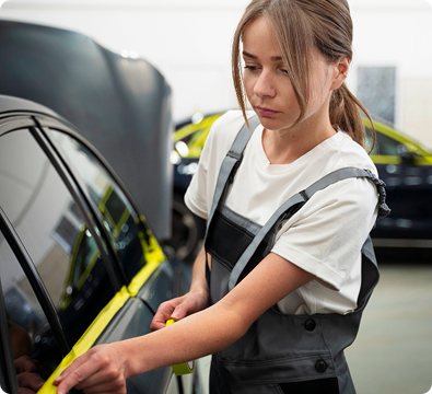 A young female mechanic inspecting a car in a garage.