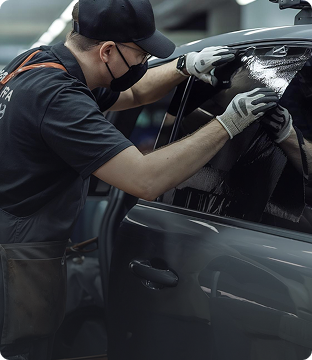 A person applying black film tint to a car's window in a garage.
