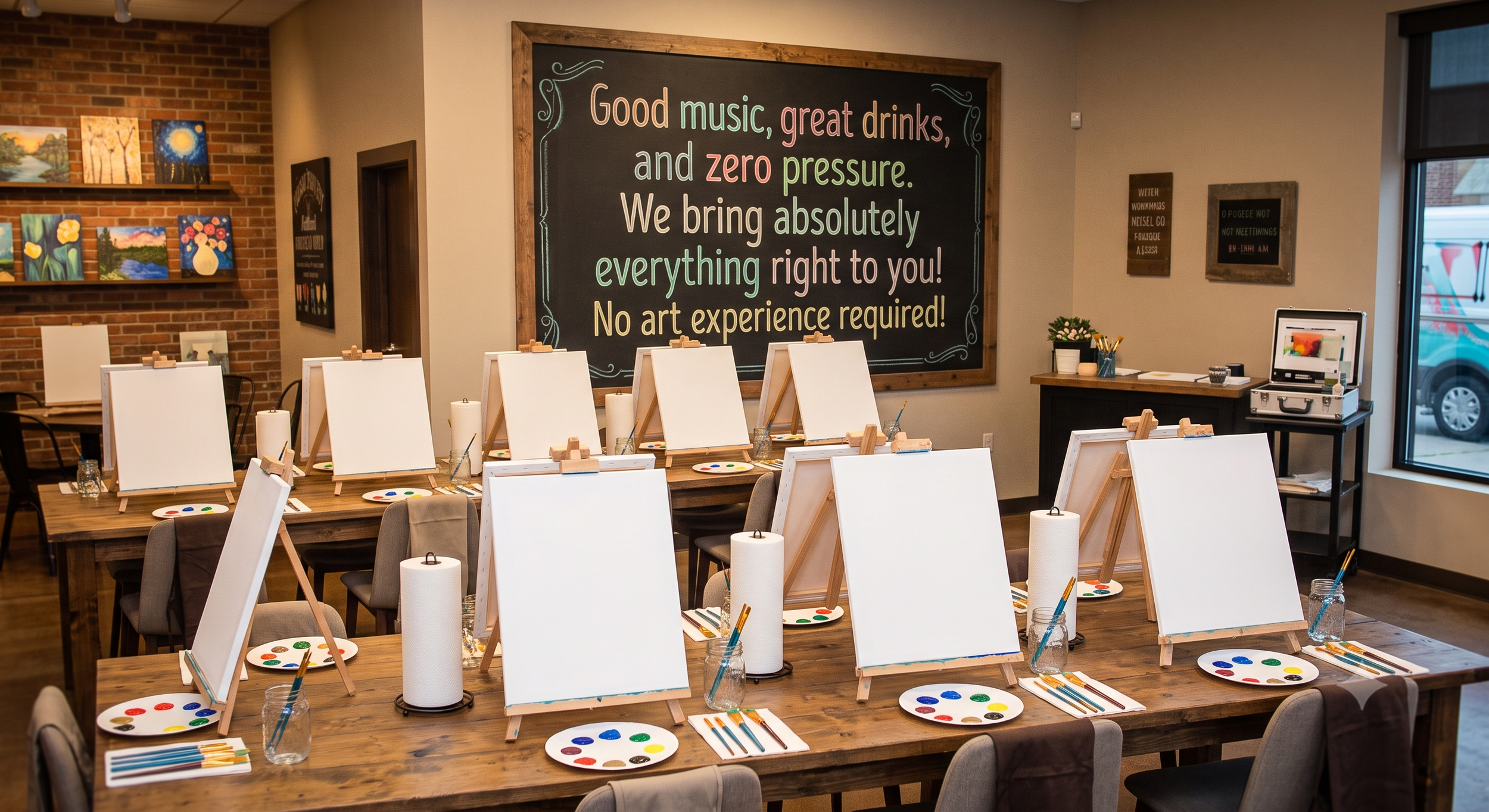 An art studio with canvases, paint palettes, and brushes set up for a painting class. There's a large chalkboard with colorful text that says, 'Good music, great drinks, and zero pressure. We bring absolutely everything right to you! No art experience required!' The room has wooden tables, chairs, and artwork on the brick wall.