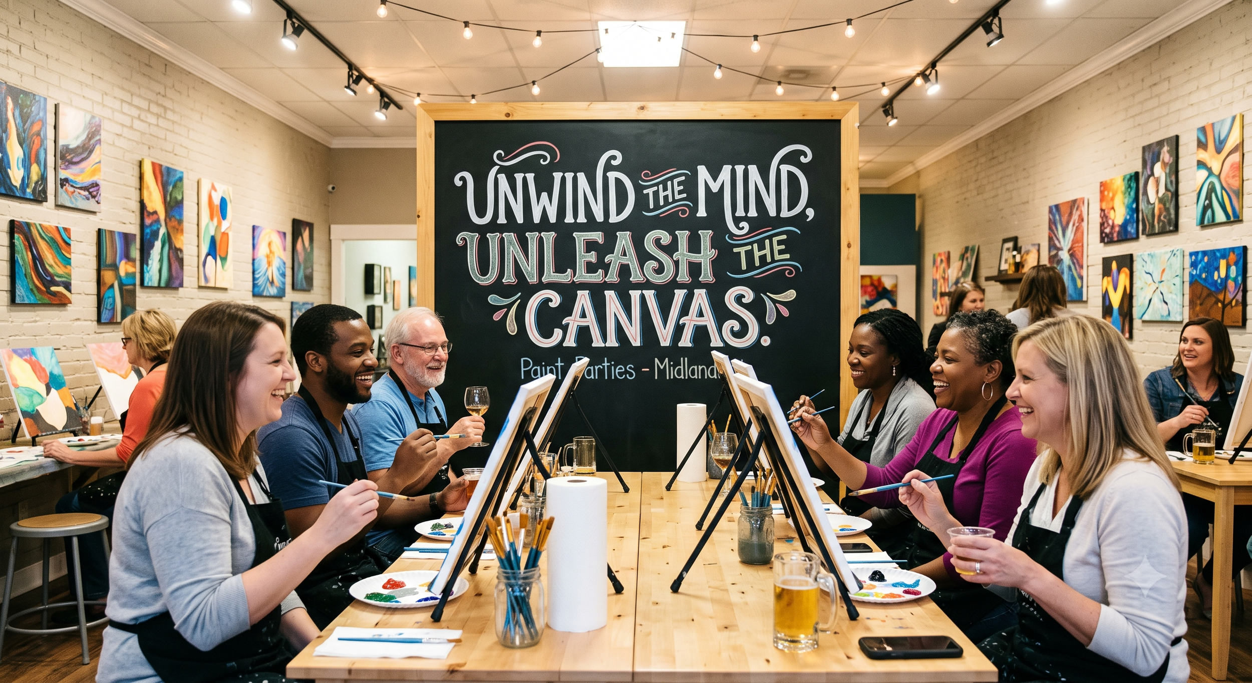 Group of people painting on canvases at a painting party in an art studio, with artwork on the walls and a large chalkboard sign that reads 'Unwind the Mind, Unleash the Canvas.'