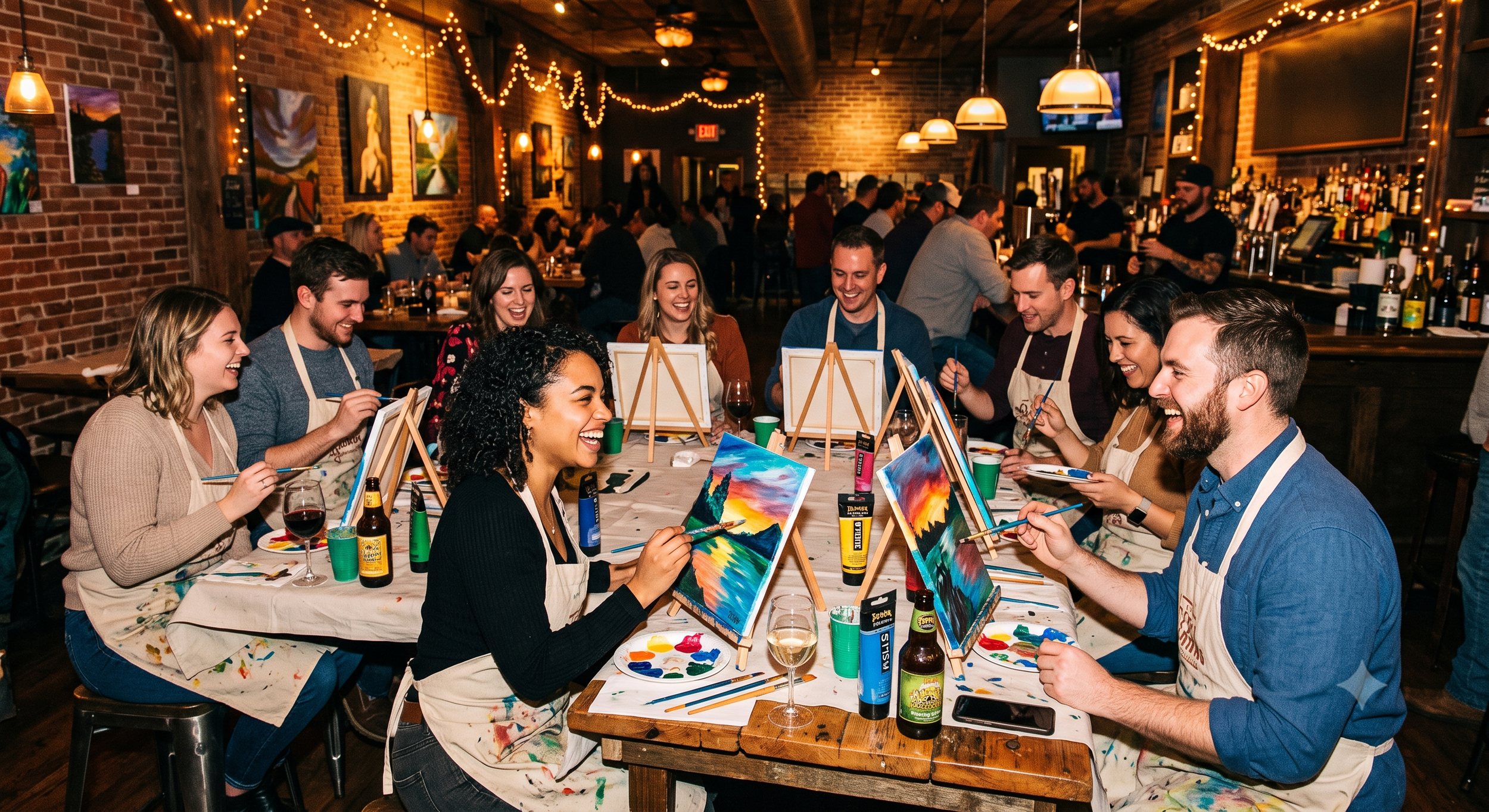 Group of people participating in a painting class at a restaurant, smiling and laughing while painting colorful landscape pictures on canvases.