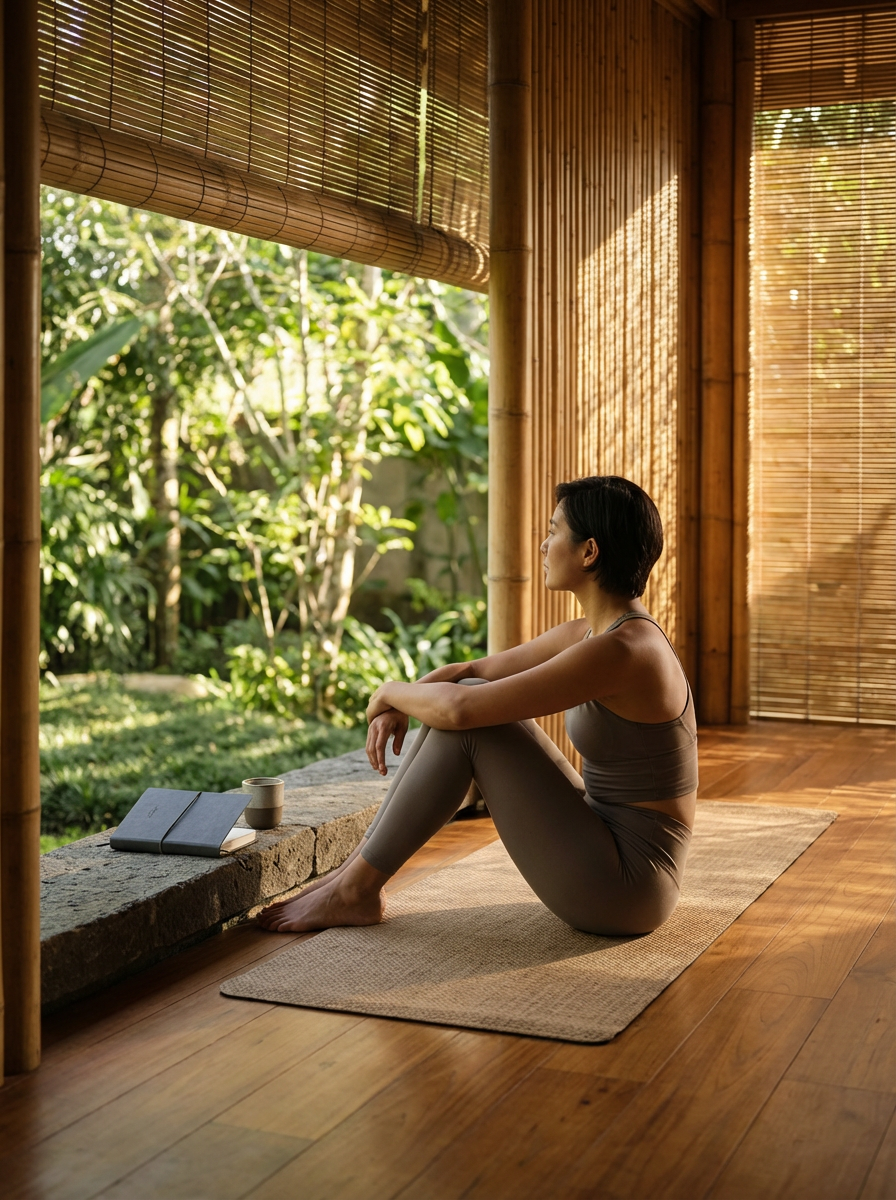 A woman sitting on a yoga mat in a room with bamboo walls and a large window, looking outside at a green garden, with a laptop and a cup nearby.
