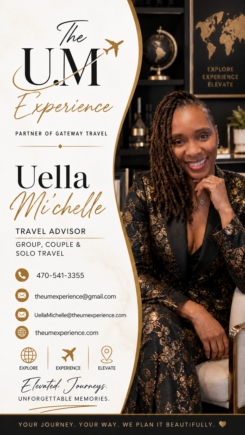 Business card for Uella Michelle, a travel advisor at The U.M Experience, featuring a smiling woman with long dreadlocks in a black and gold metallic patterned suit, contact information, and travel-themed icons on a cream and black background.
