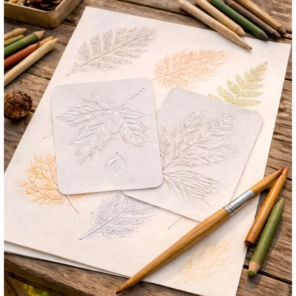 Leaf rubbings in muted colors on sheets of paper, topped with two embossed leaf-print cards, with wooden colored pencils and a paintbrush on a rustic wooden table.
