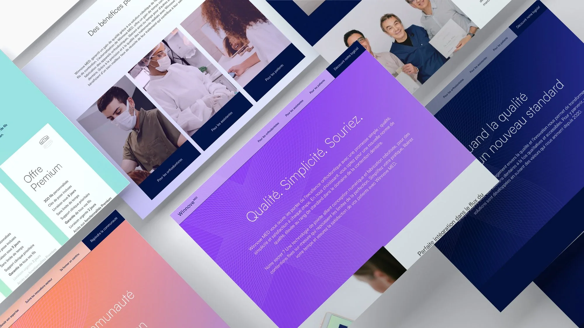 Multiple overlapping screens or pages displaying a website's layout and content, with images of diverse people, text sections in French, and colorful backgrounds.