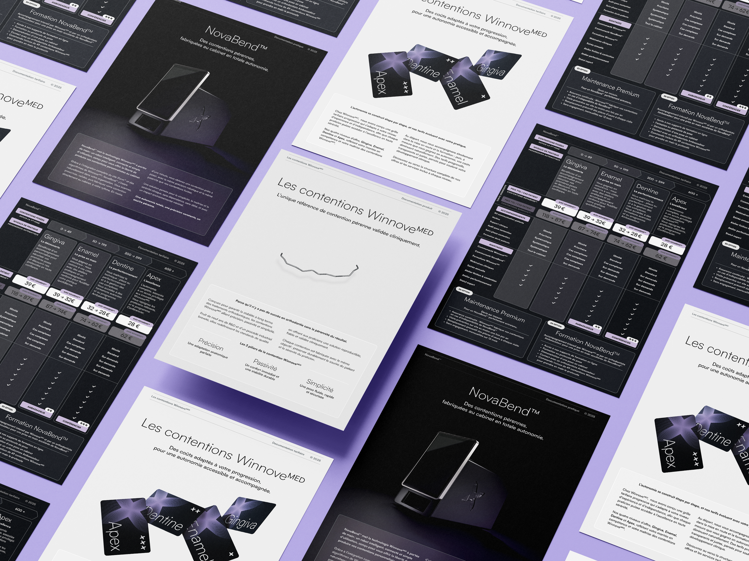 Multiple pages of a brochure or product sheet for WinoveMED, featuring information and images of dental or medical equipment, with a focus on the NovaBend product line, professional layout, and a purple and black color theme.