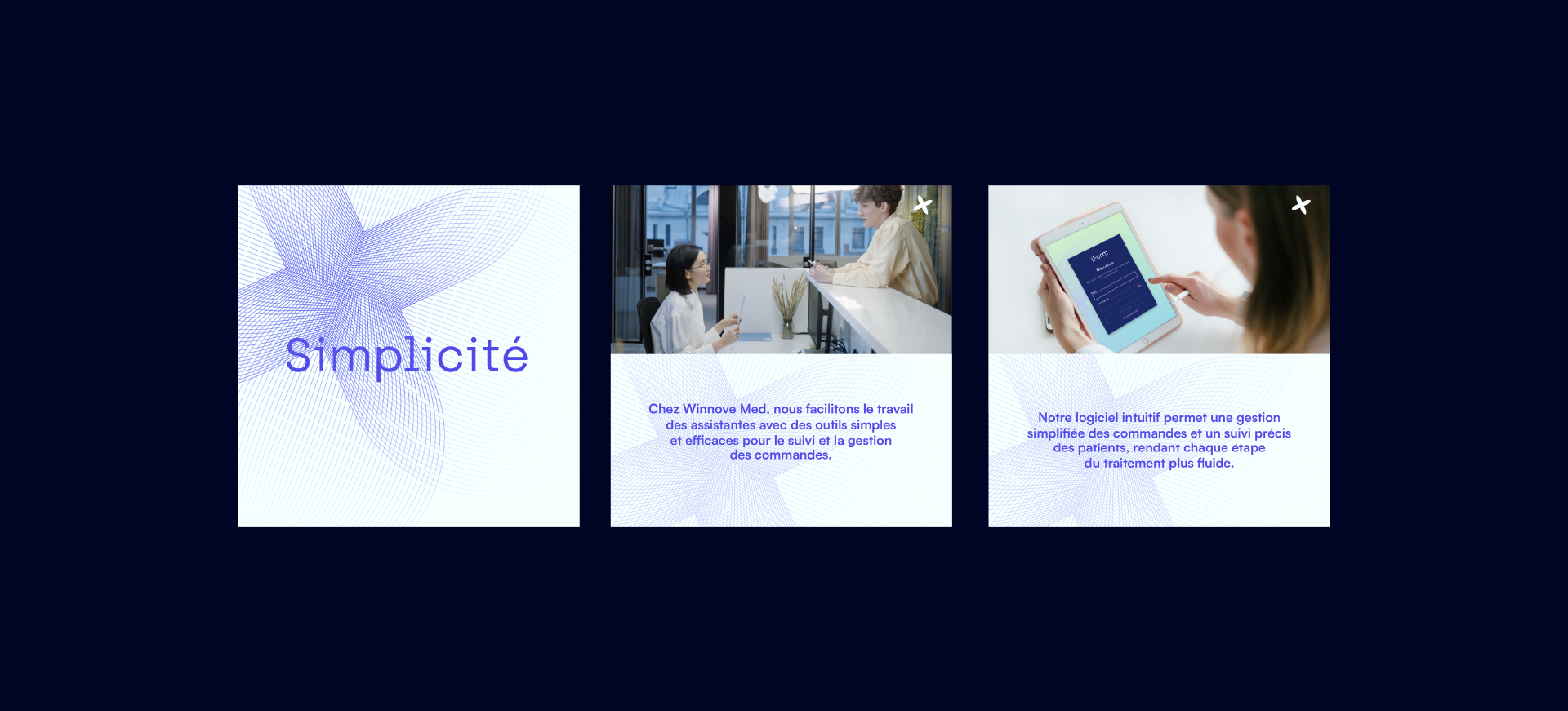 A three-panel digital presentation slide with a dark blue background, blue and white abstract designs, and French text about medical software and services.