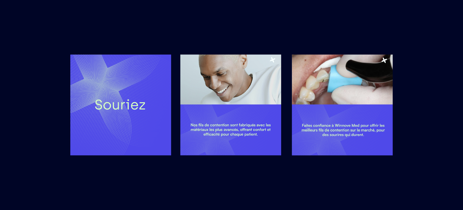 A digital graphic design with three parts: the first displays the word 'Souriez' on a blue geometric background, the second shows a smiling person with a dental theme and a message about advanced materials for comfort and effectiveness, and the third depicts a close-up of a dental procedure with a dental mirror and tools, accompanied by a message about trusting Winnove Med for high-quality dental products.