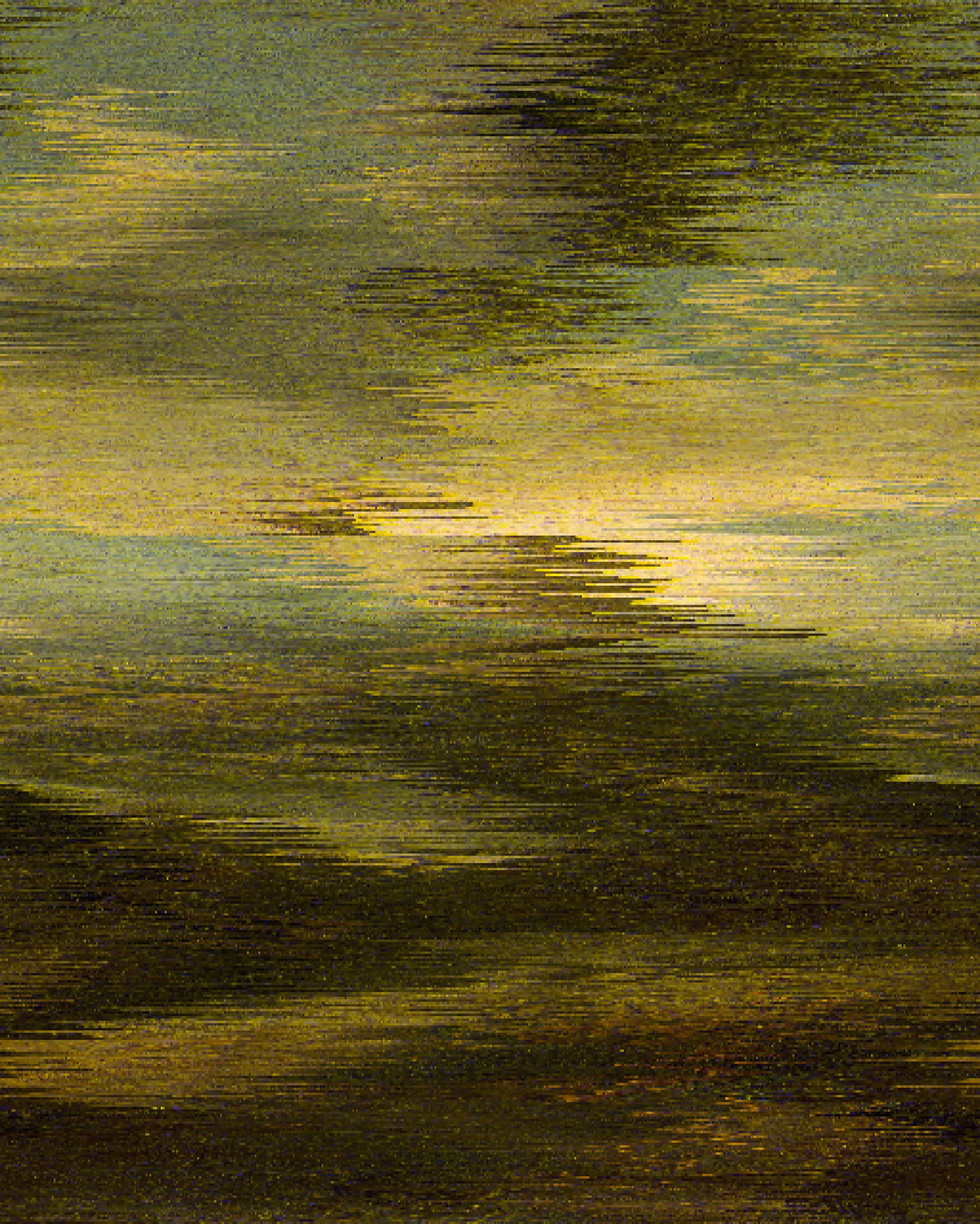 An abstract image with horizontal streaks of green, yellow, and black colors, creating a textured, blurry pattern.