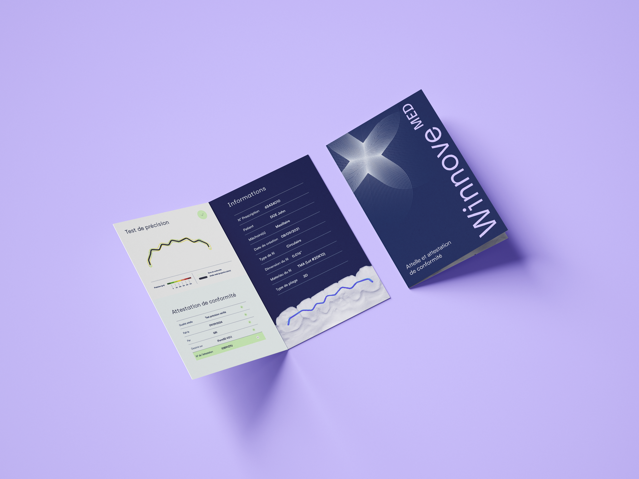 A printed medical report with graphs and text, partially unfolded on a purple background.