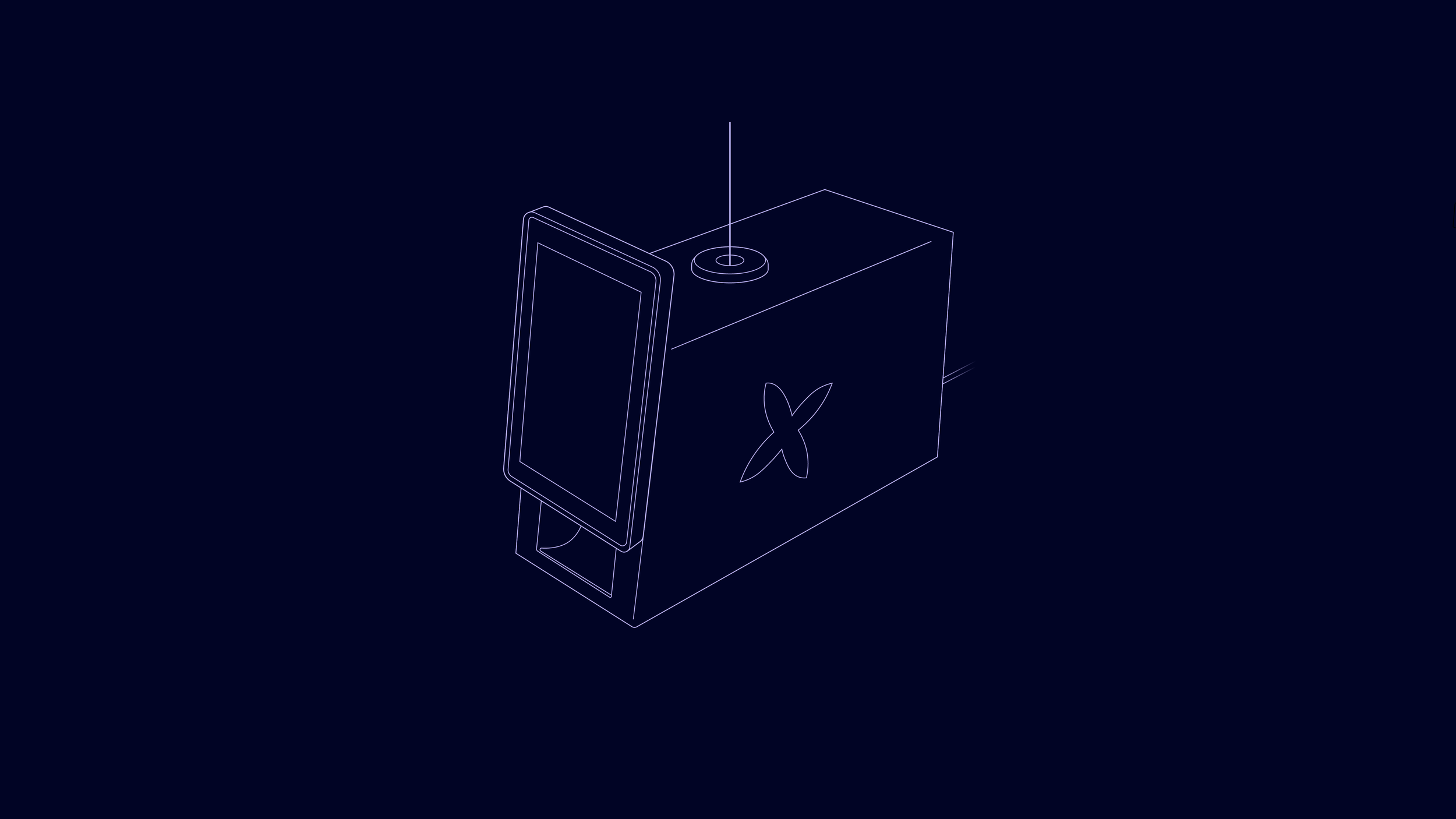 Outline drawing of a small electronic device with a screen on a stand, featuring a heart symbol on its side, set against a dark background.