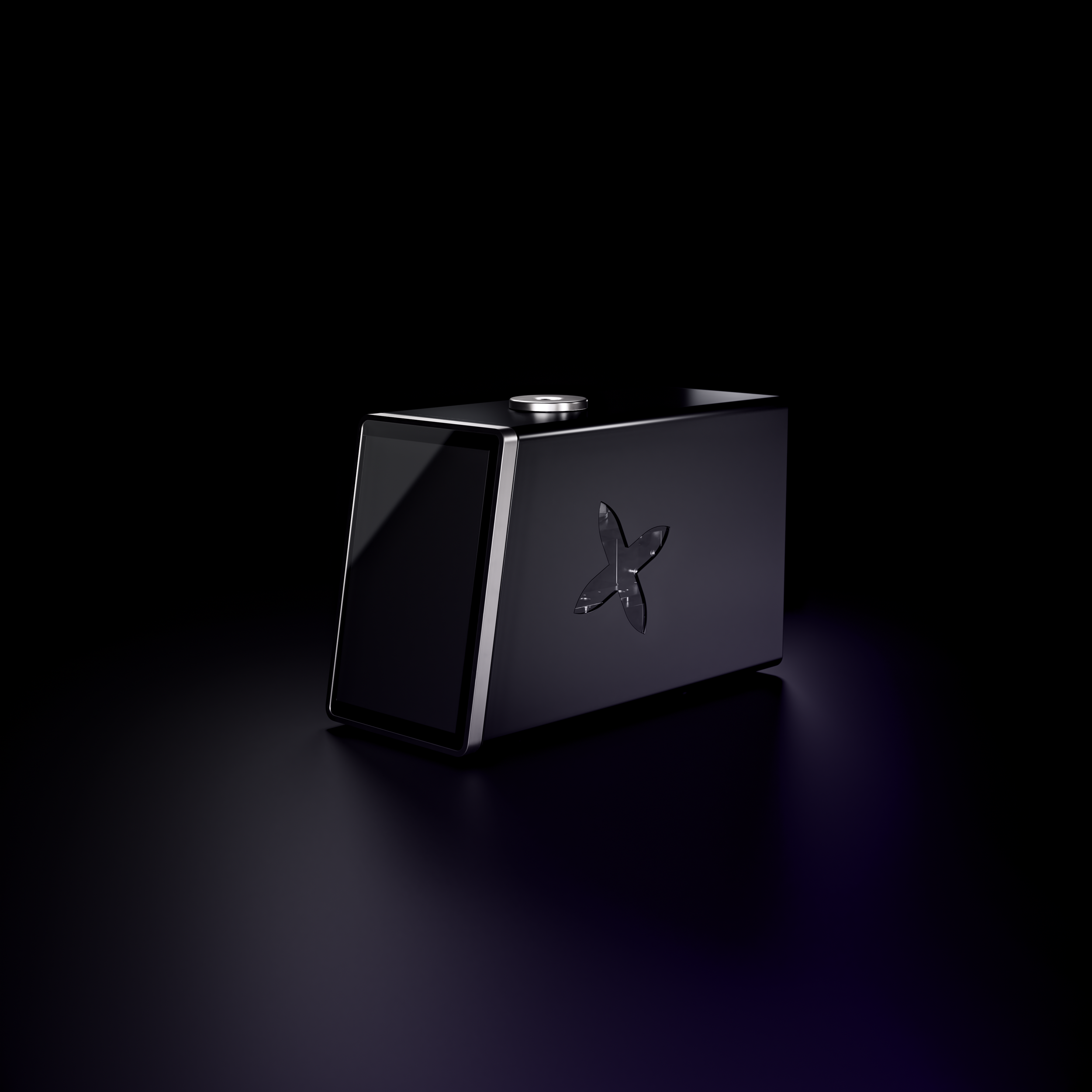 A sleek, black Apple MacBook laptop with a shiny, reflective logo on the back, placed on a black surface with a black background, illuminated by subtle lighting.