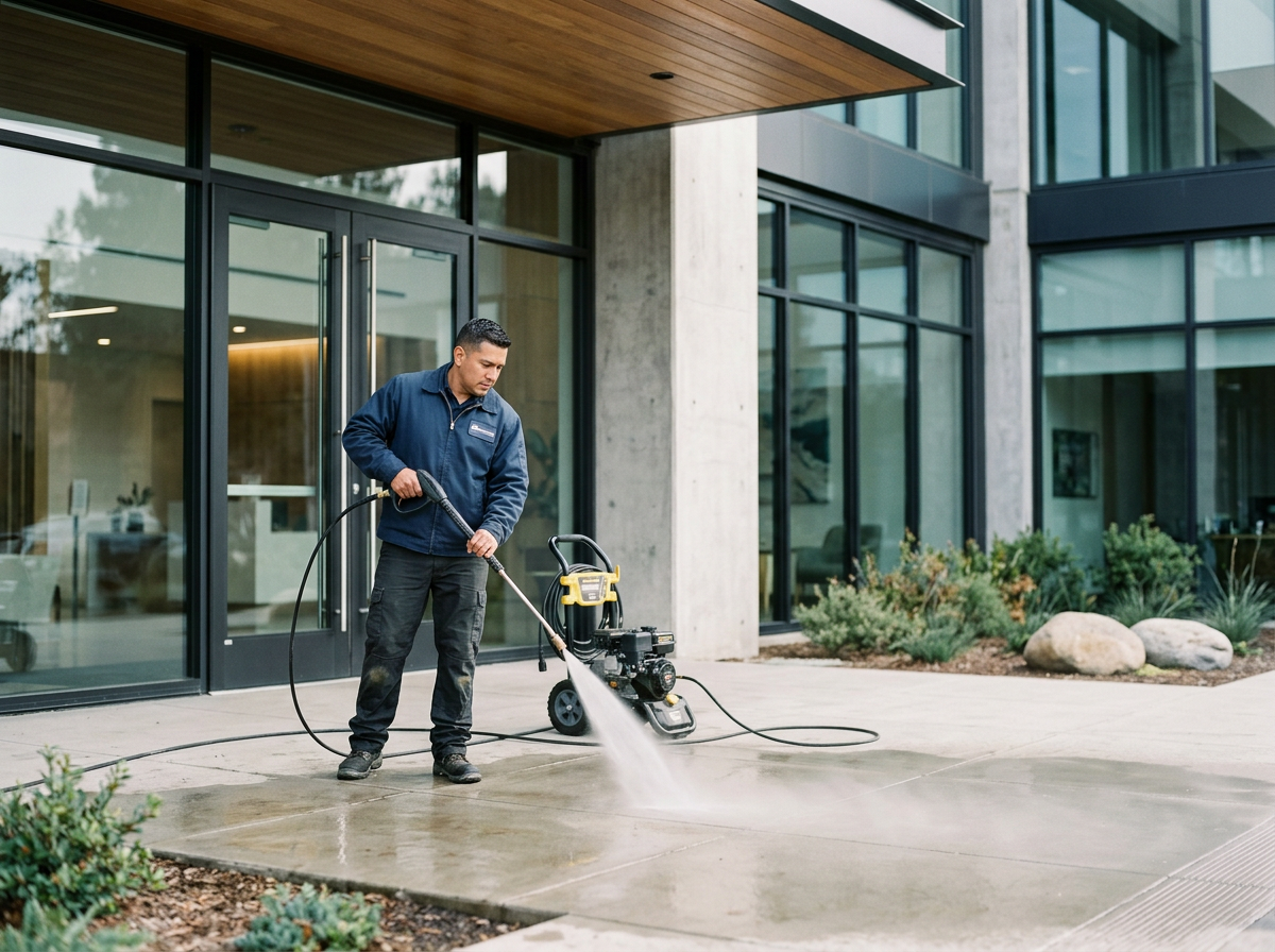 Man in blue jacket cleaning a concrete sidewalk with a power washer outside a modern building with glass doors and large windows.