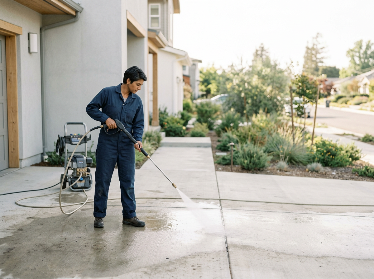 A person in blue work overalls is power washing a concrete driveway outside a house.