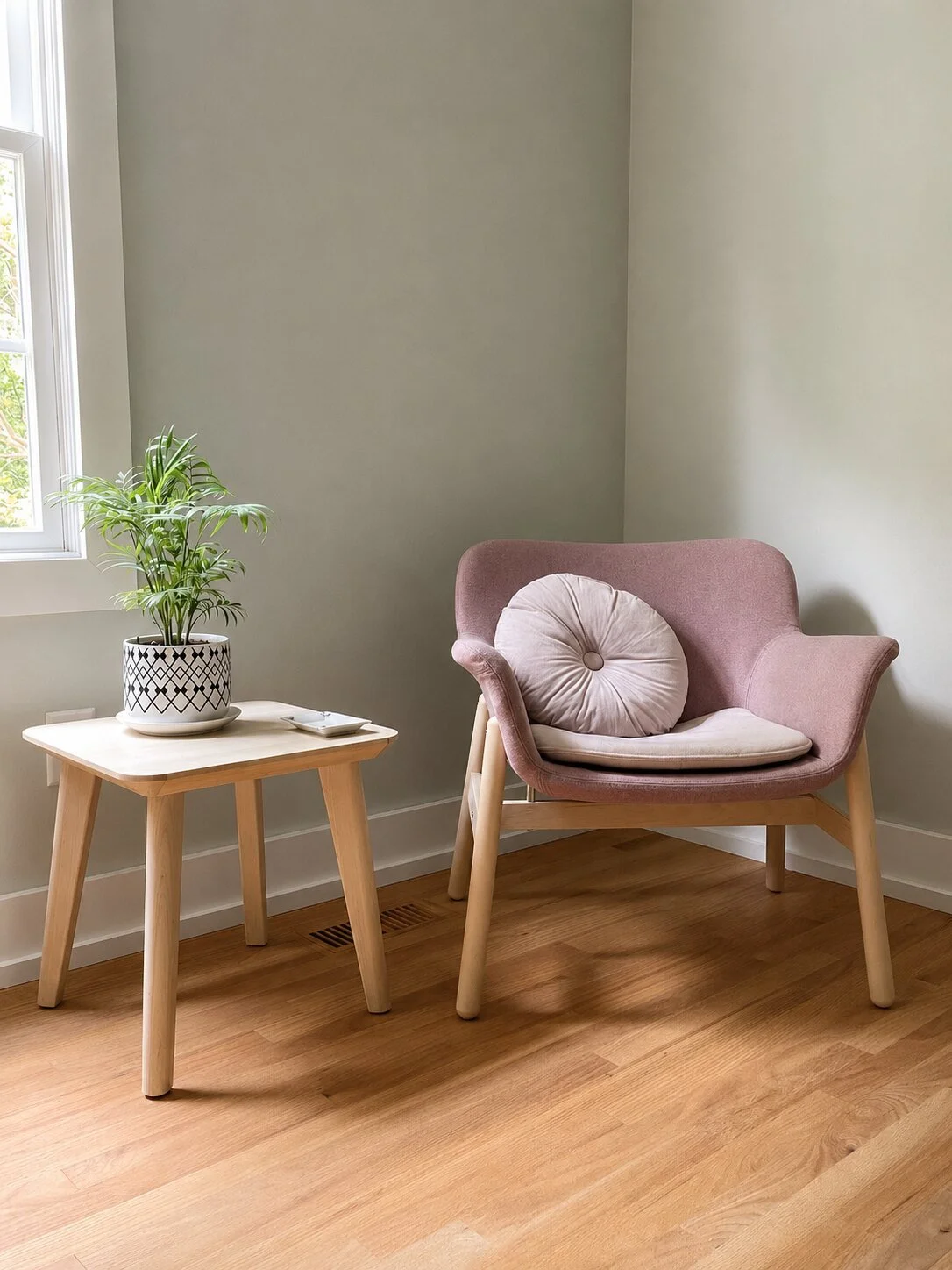 Comfortable chair and side table in the Grace and Wonder massage studio.