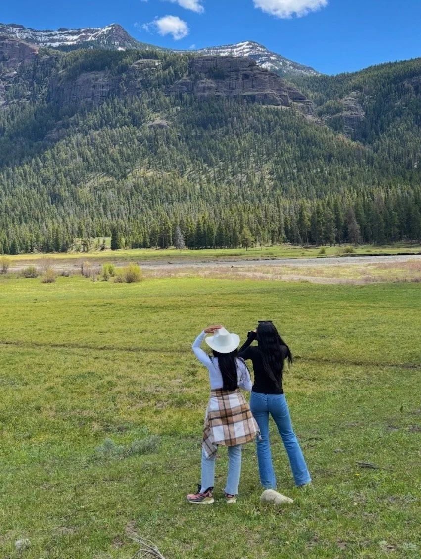 Two women standing in a grassy field with mountains, trees, and a blue sky with clouds in the background.