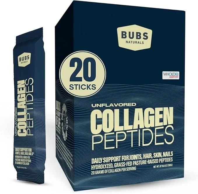 Box of Bubs Naturals unflavored collagen peptides with 20 sticks, featuring blue and beige design, emphasizing daily support for joints, hair, skin, and nails.