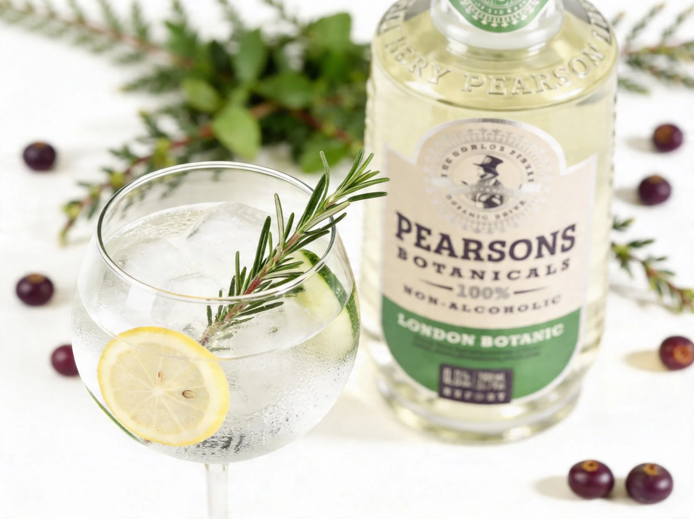 A glass of sparkling water with lemon slices and a sprig of rosemary, next to a bottle of Pearsons Organic tonic water, surrounded by red berries and green leaves.