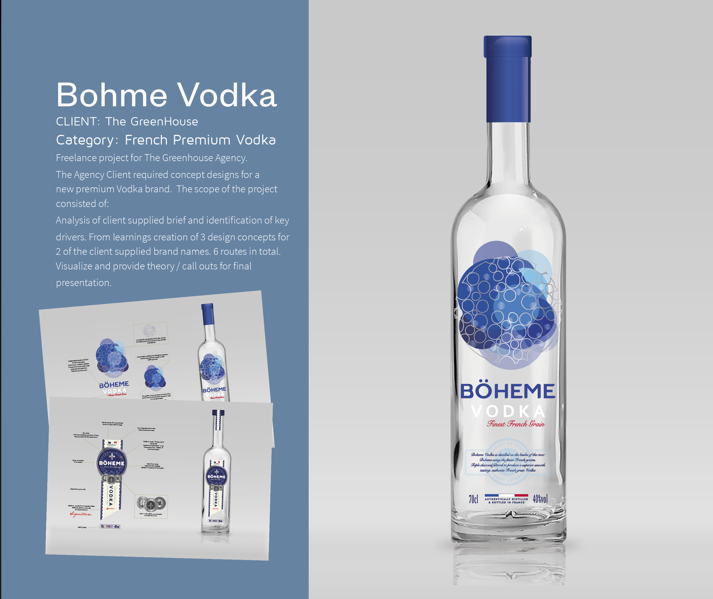 A bottle of Böheme Vodka with a blue cap and a white label featuring blue circular design elements and text.