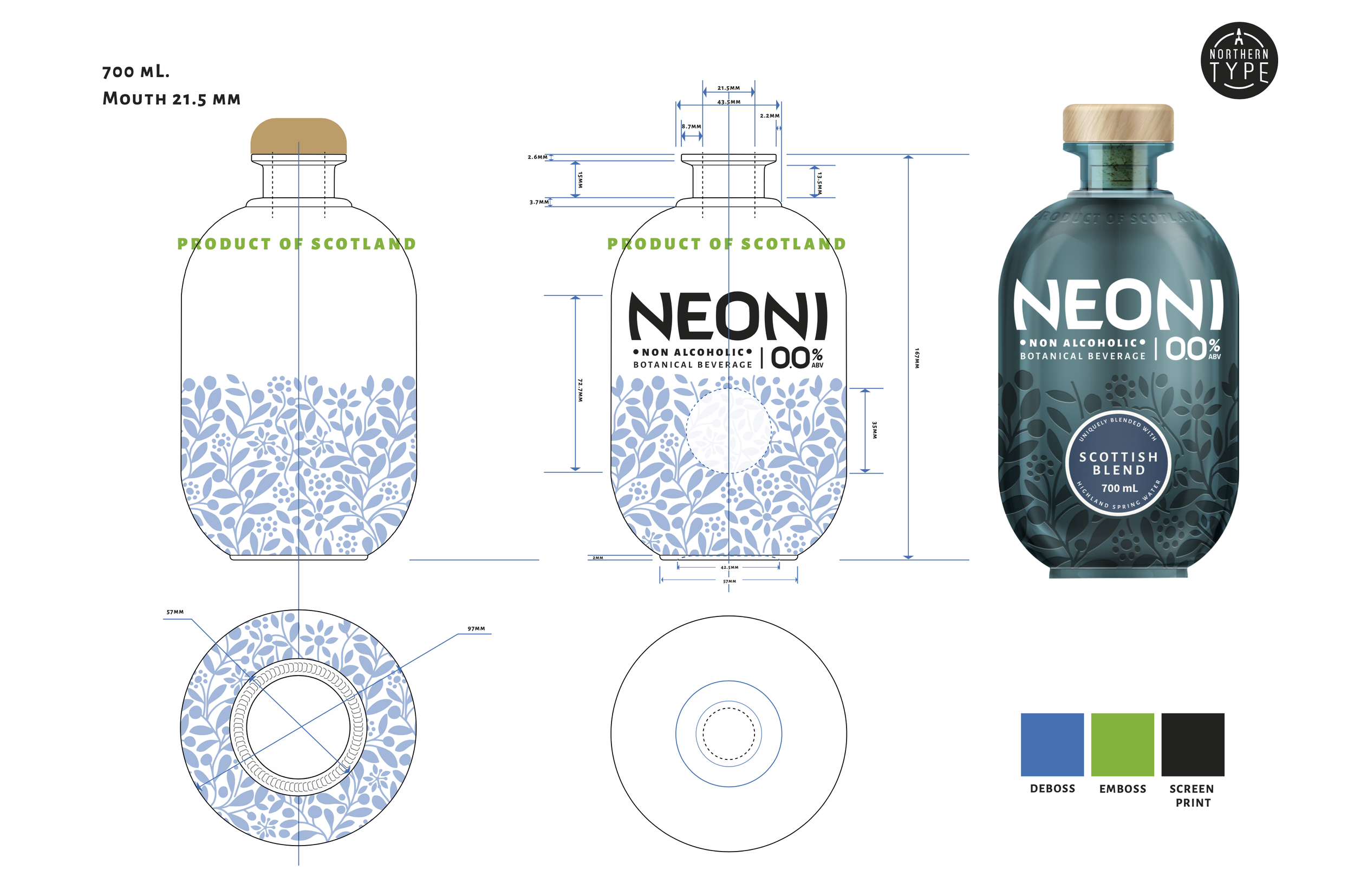 Technical drawing and packaging design of a non-alcoholic botanical beverage bottle named NEON, featuring measurements and a blue and green leaf pattern, with an actual photo of the bottle showing a wooden cap, teal container, and white text, labeled