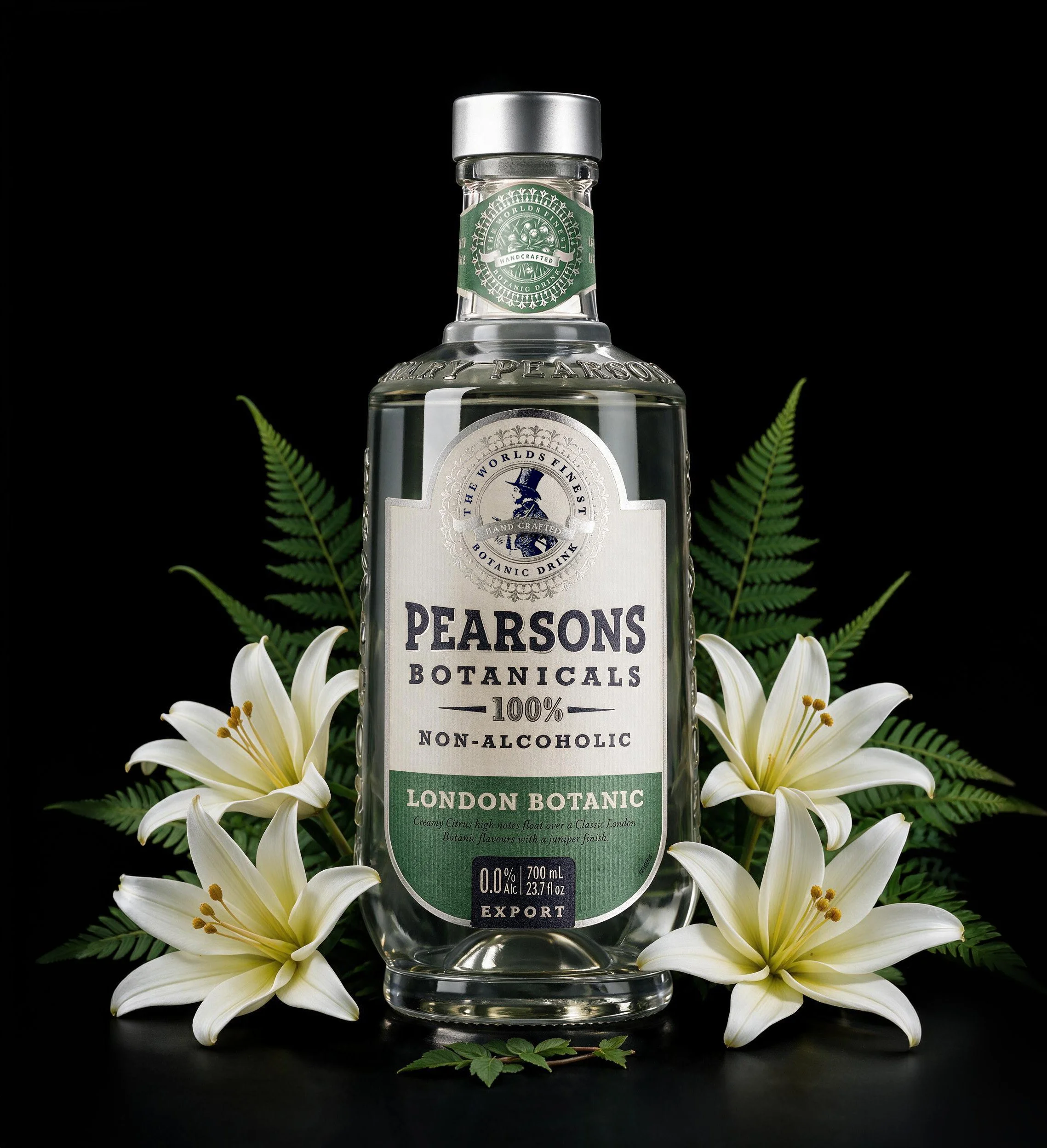 A clear glass bottle of Pearsons Botanicals non-alcoholic botanical drink surrounded by white lilies and green fern leaves on a black background.