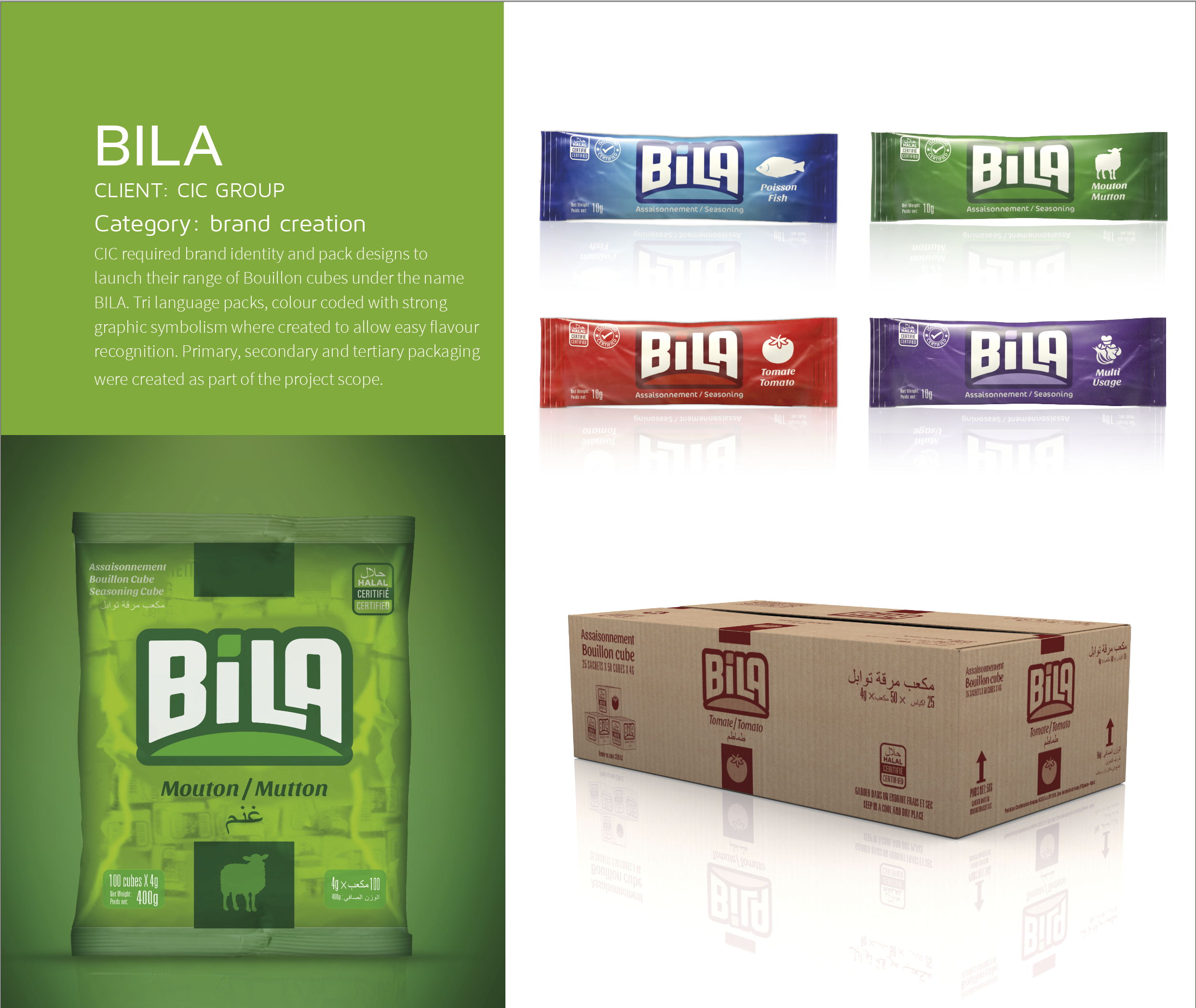 Green packet of BILA Mutton seasoning with text indicating it's for mutton and labeled halal certified. Partly visible packets of BILA fish seasoning in blue, tomato seasoning in red, and multi-purpose seasoning in purple, along with a cardboard box 
