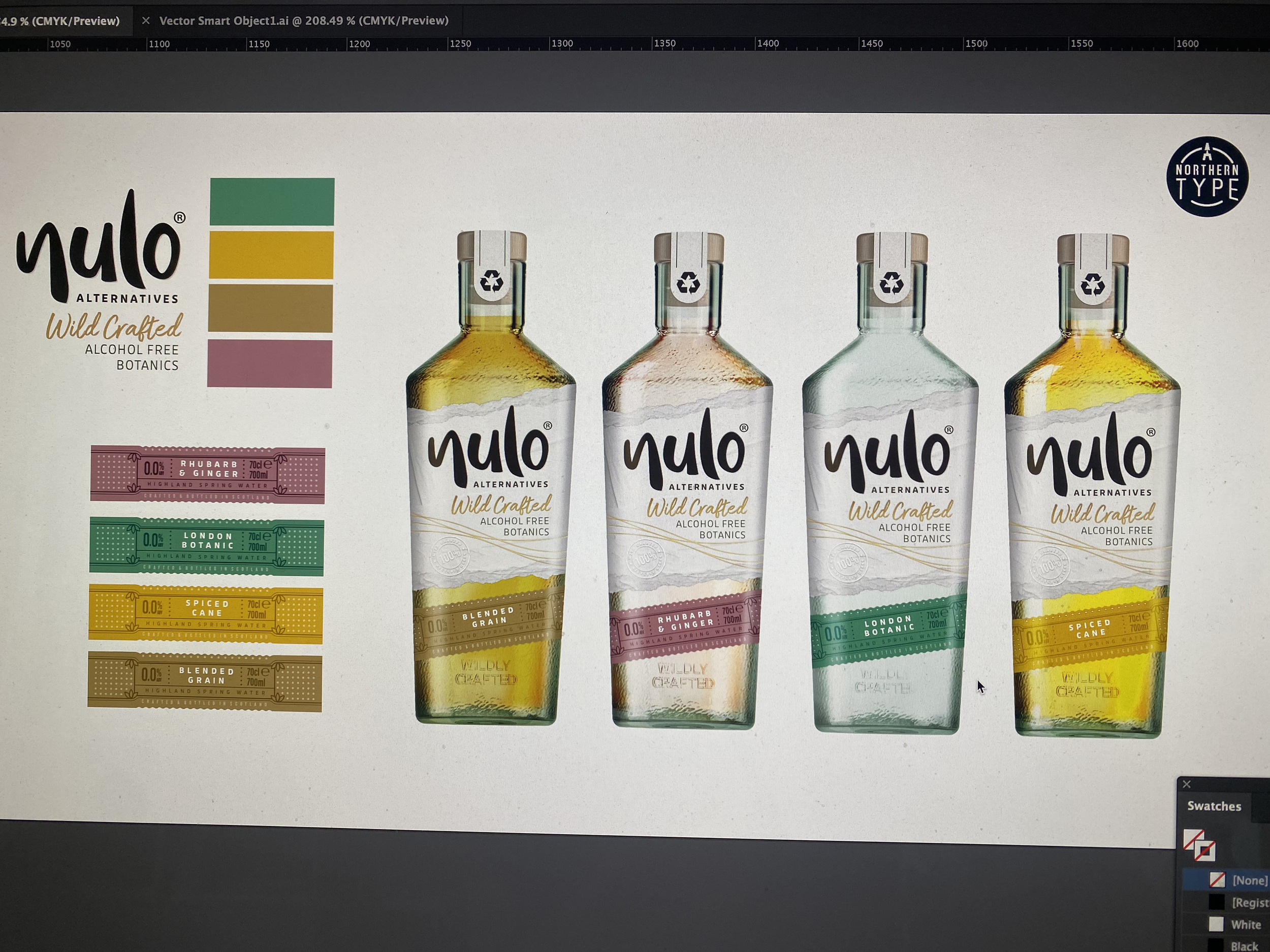 Digital screenshot of a product website displaying four bottles of Yulo Alternatives alcohol-free botanics beverages with different flavors. The bottles are labeled as Wild Crafted, Blended Grain, Highland Spring Water, and Spiced Cane, each with dis