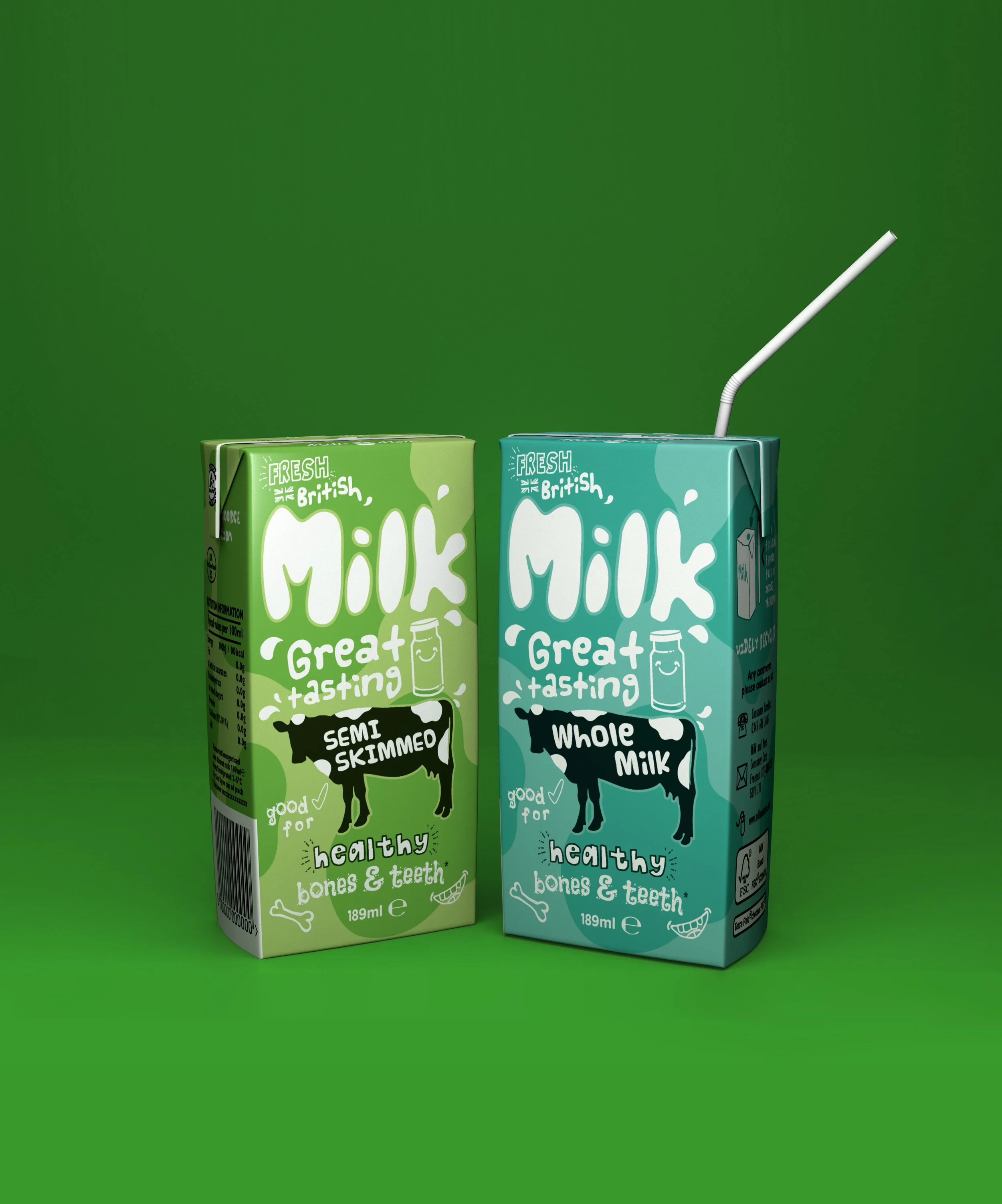 Two cartons of British milk, one semi-skimmed and one whole milk, with colorful packaging and a white straw, set against a green background.
