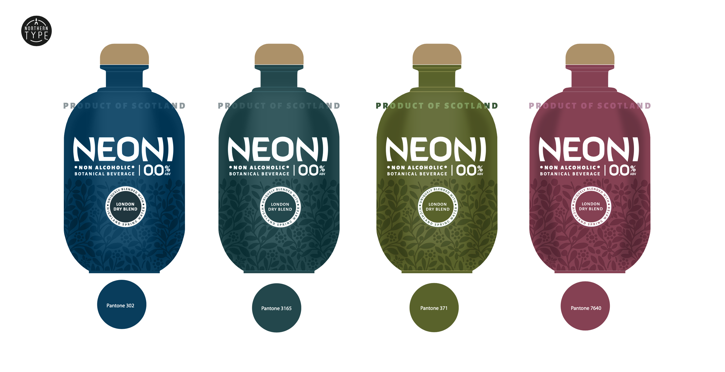 Four bottles of NEON botanical beverage in blue, teal, green, and pink colors, each labeled as non-alcoholic, with the phrase 'Product of Scotland' and a circular plant design on each label.