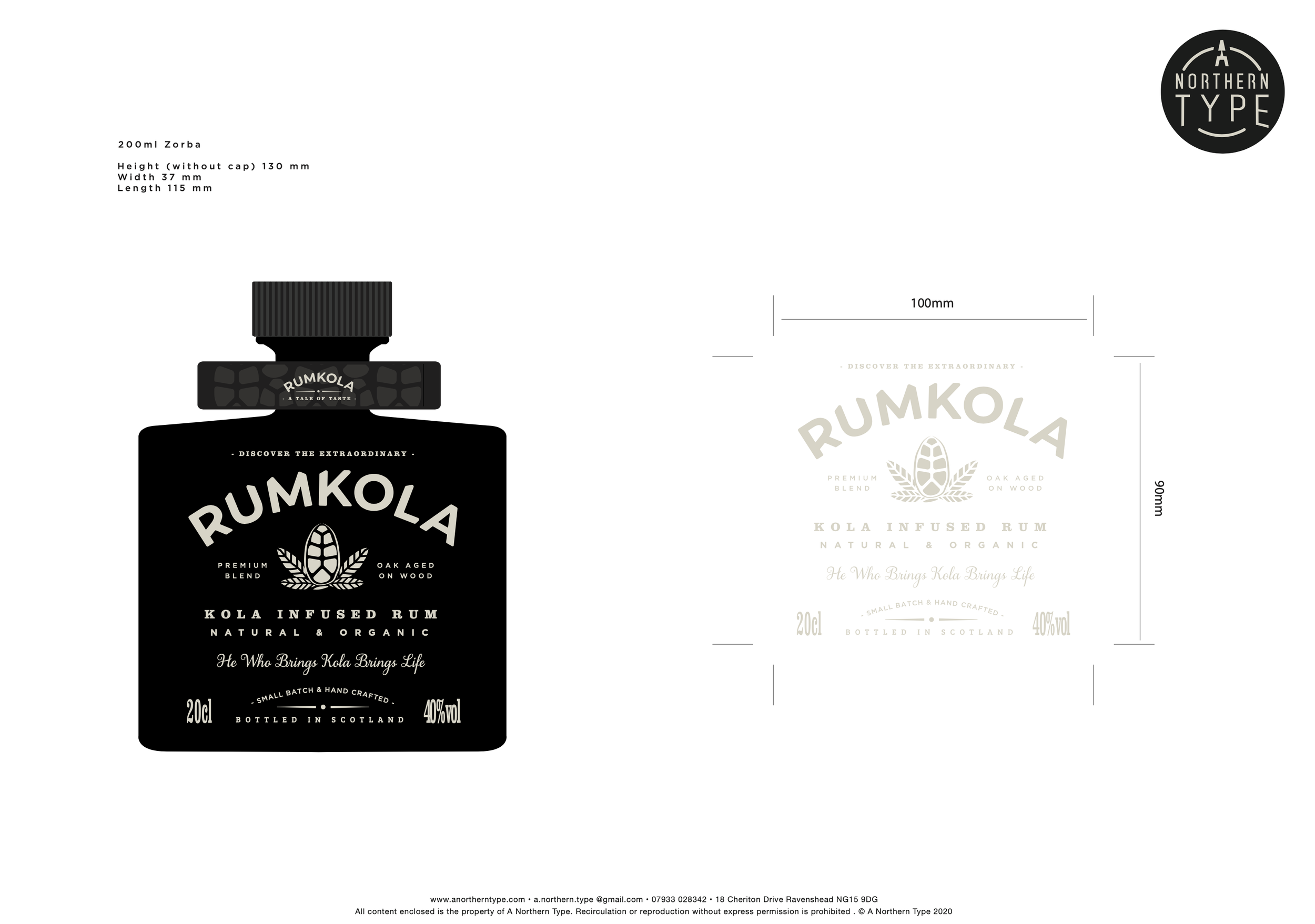 Packaging design for Rumkola, a premium organic rum infused with kola, including a black bottle label and a white label with measurements and branding details.