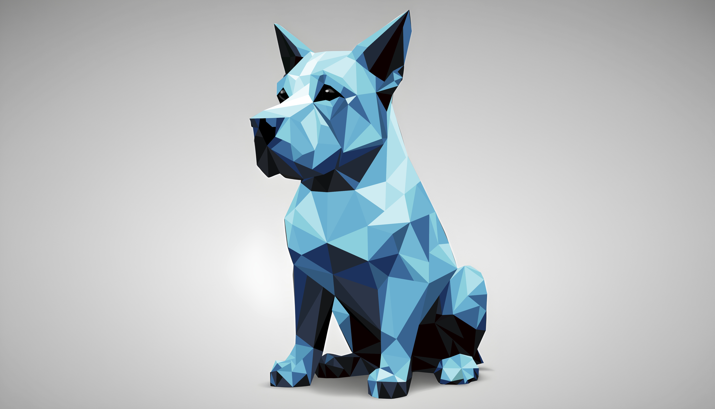 Low poly illustration of a sitting dog, primarily in shades of blue and black, against a plain gray background.