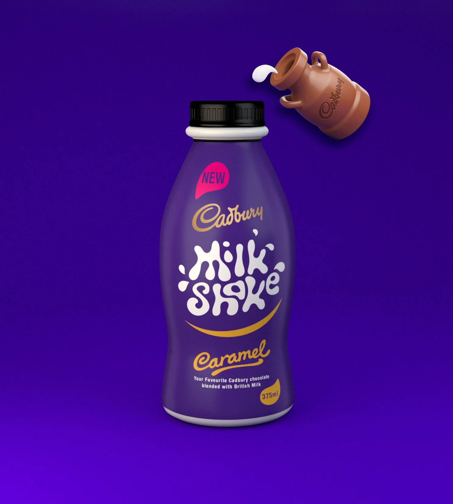 A bottle of Cadbury Milkshake in caramel flavor with a dripping milk splash next to a ceramic pitcher pouring milk, placed on a purple background.