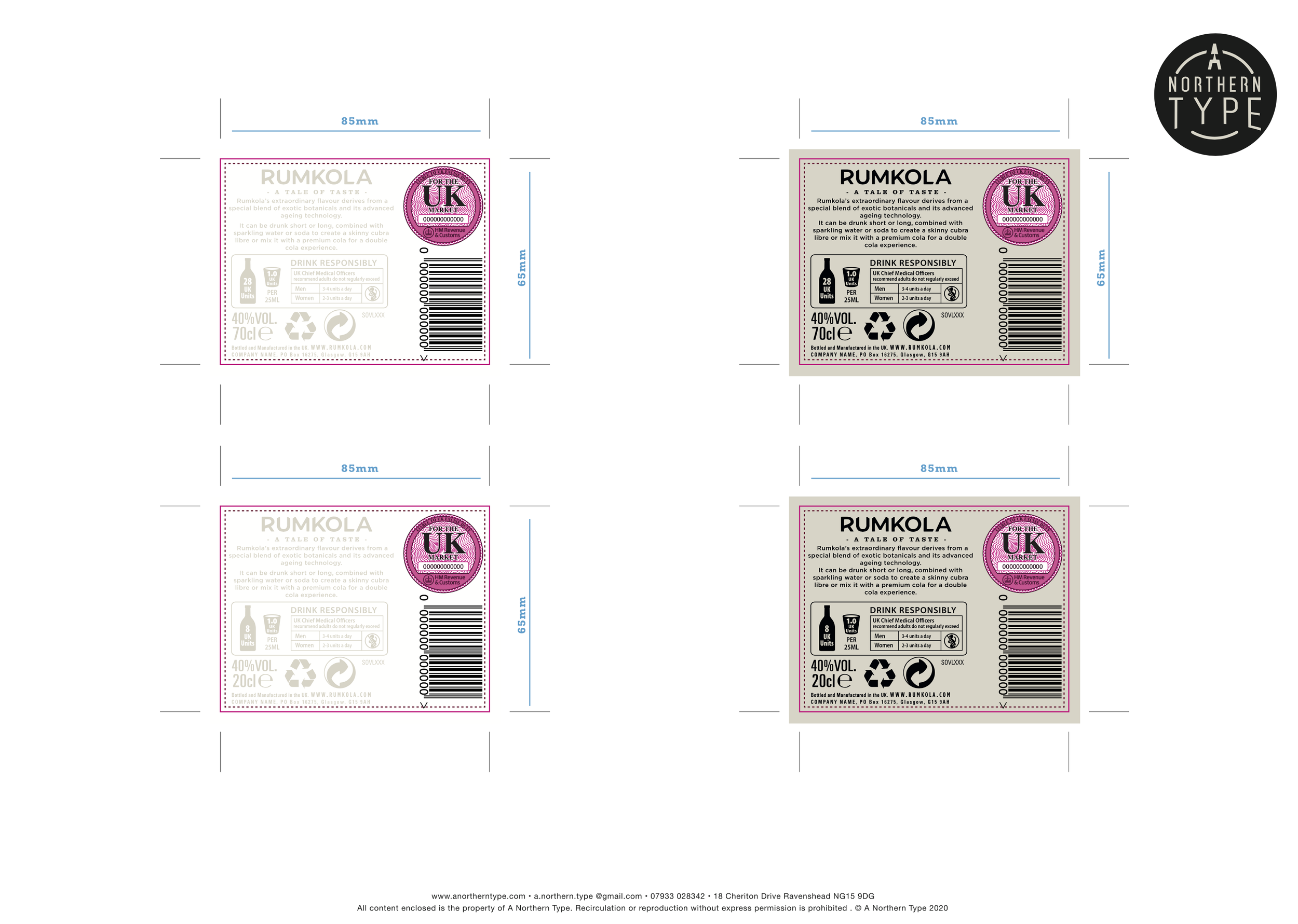 Image of two identical alcohol label designs, each with text about Rumkola, a 70cl bottle with 40% alcohol by volume, featuring a pink circular stamp, barcode, and recycling symbols. The labels are measured at 85mm by 65mm.