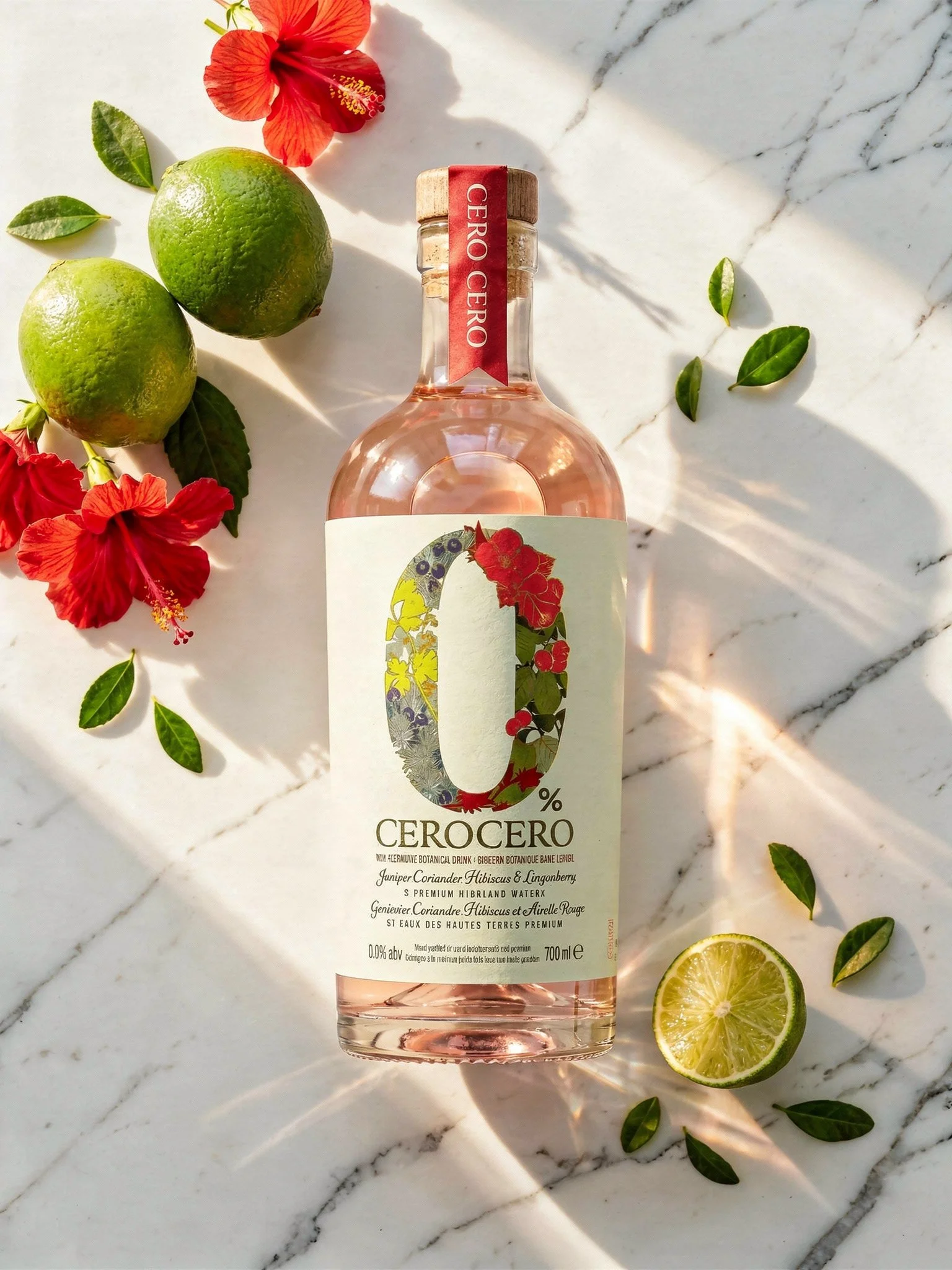 A bottle of Cerocero botanical drink with hibiscus, hibiscus flowers, and lingonberry artwork on the label, placed on a white marble surface with lemon slices, lime halves, hibiscus flowers, and green leaves. The bottle is transparent with a cork sto
