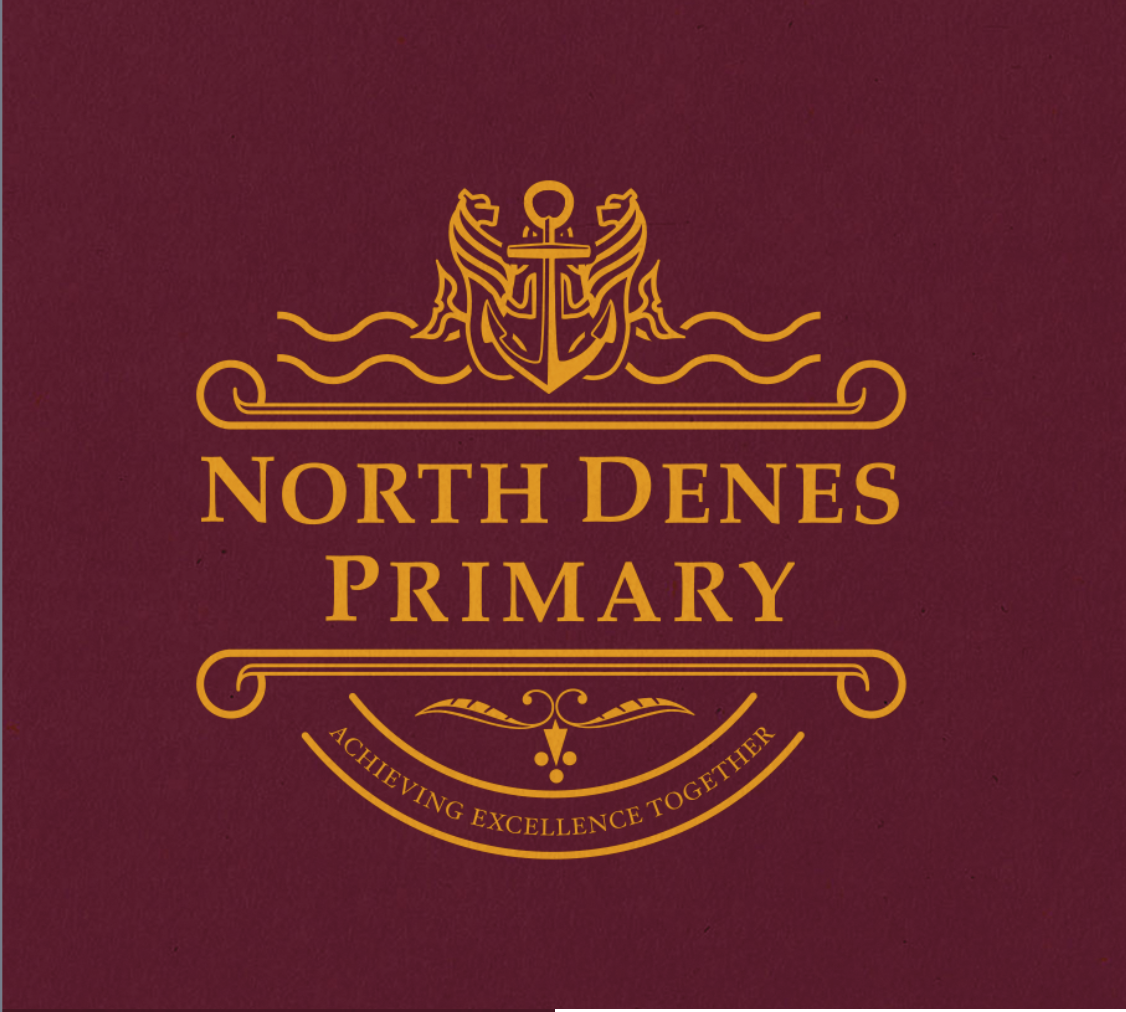 School logo with an anchor and two lions, text reading 'North Dens Primary,' and a banner that says 'Achieving Excellence Together'.
