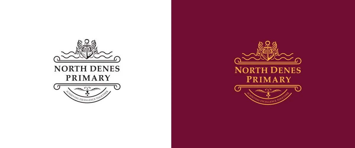 Logo for North Denes Primary, with a crest featuring an anchor and wings, on a white background on the left, and the same logo in gold on a maroon background on the right.