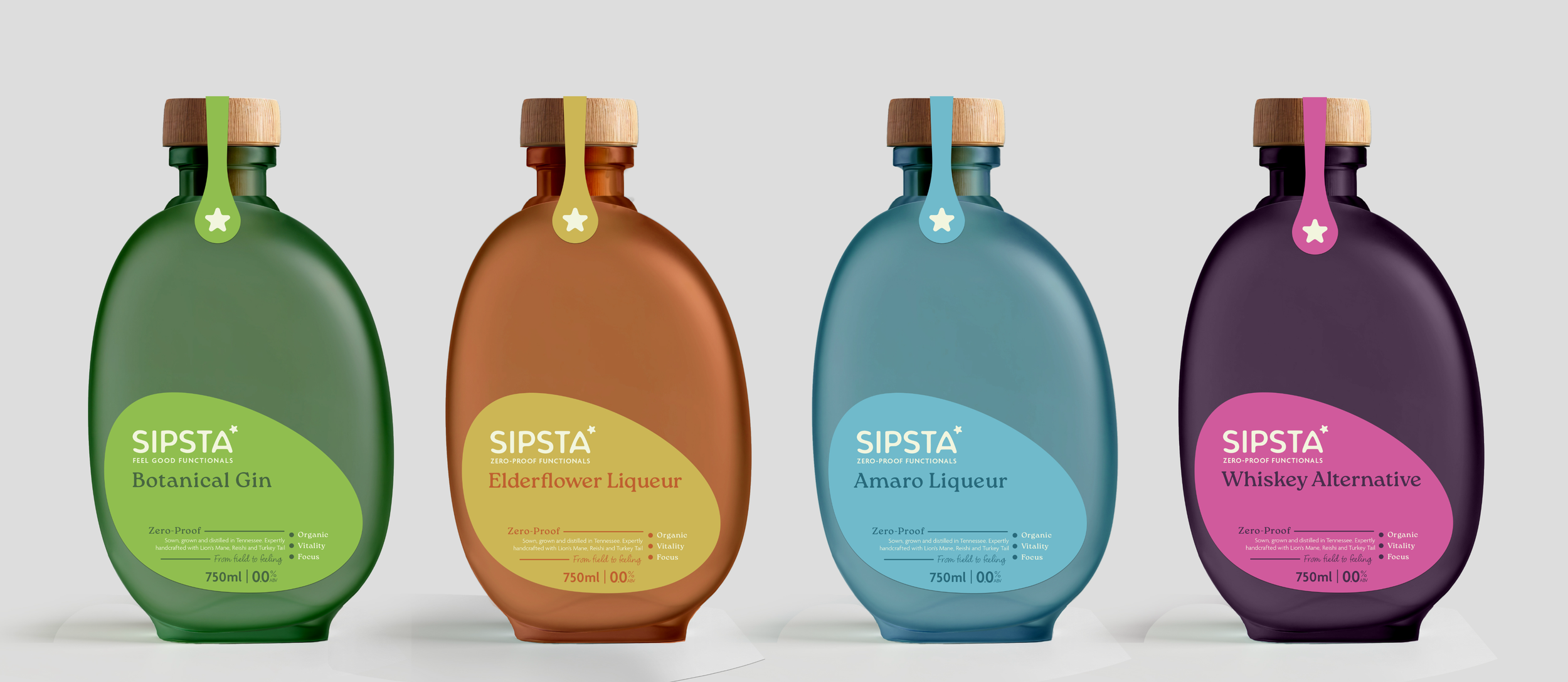 Four colorful bottles labeled as SIPSTA, each with a wooden cap, standing in a row against a light gray background. The bottles are green, orange, blue, and purple, with labels indicating different flavors or types of beverages.