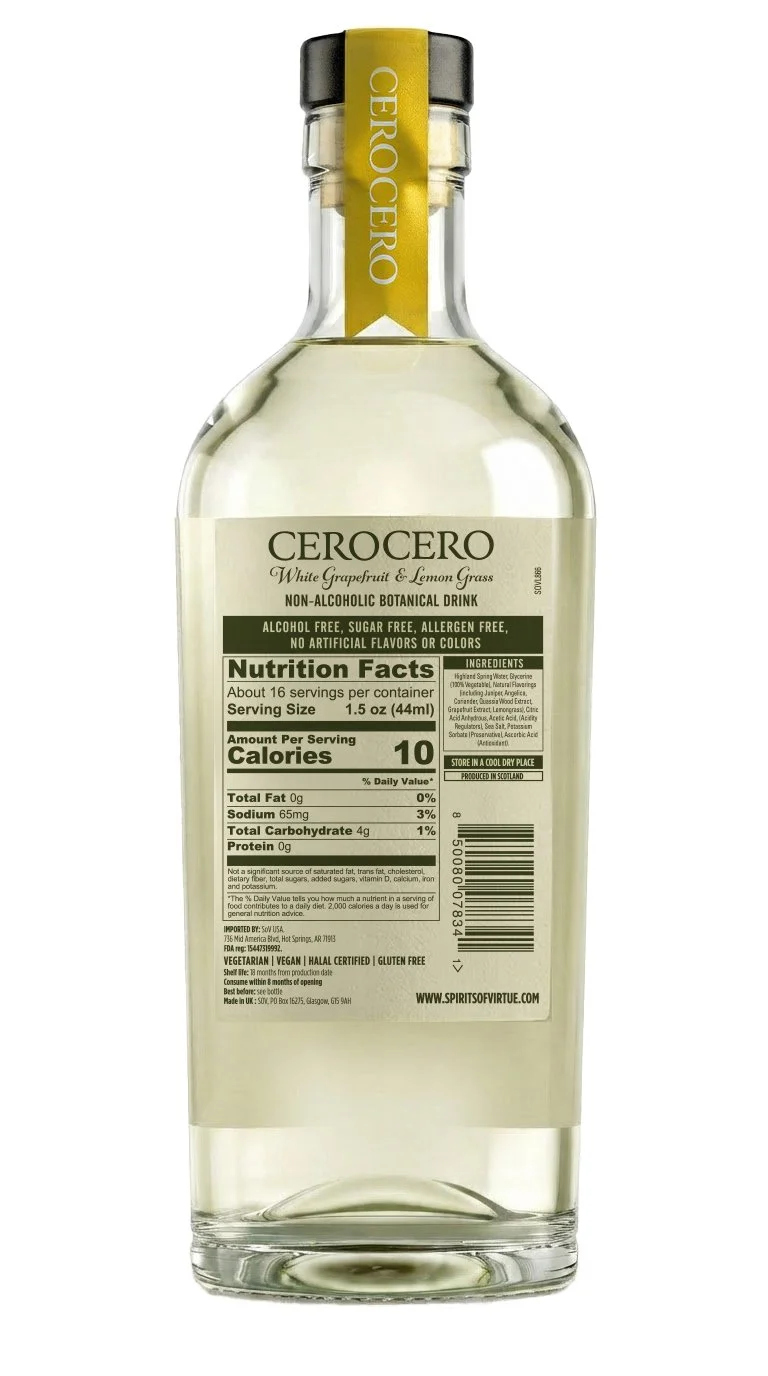 Label of Cerocero non-alcoholic botanical drink with white grapefruit and lemon grass flavor, in a clear glass bottle with a black and yellow cap.