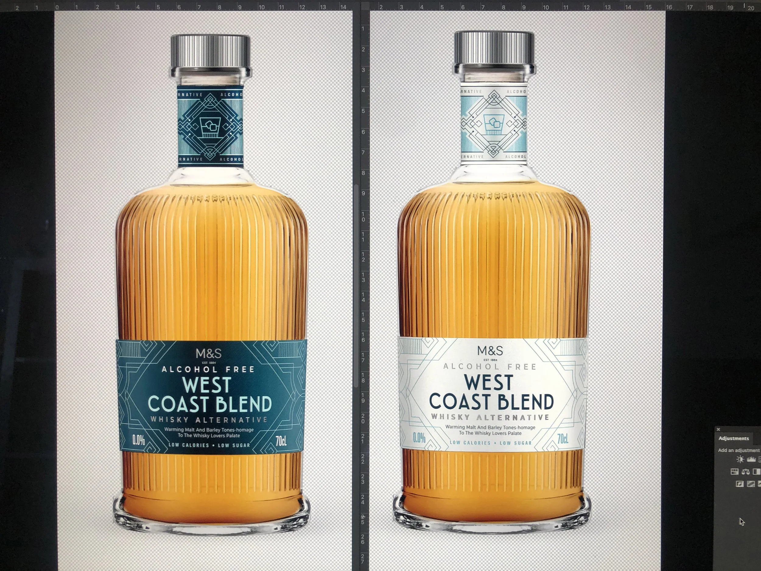 Two bottles of alcohol-free whiskey with blue and white labels, featuring geometric designs and the text 'West Coast Blend'. The bottles have textured orange surfaces.