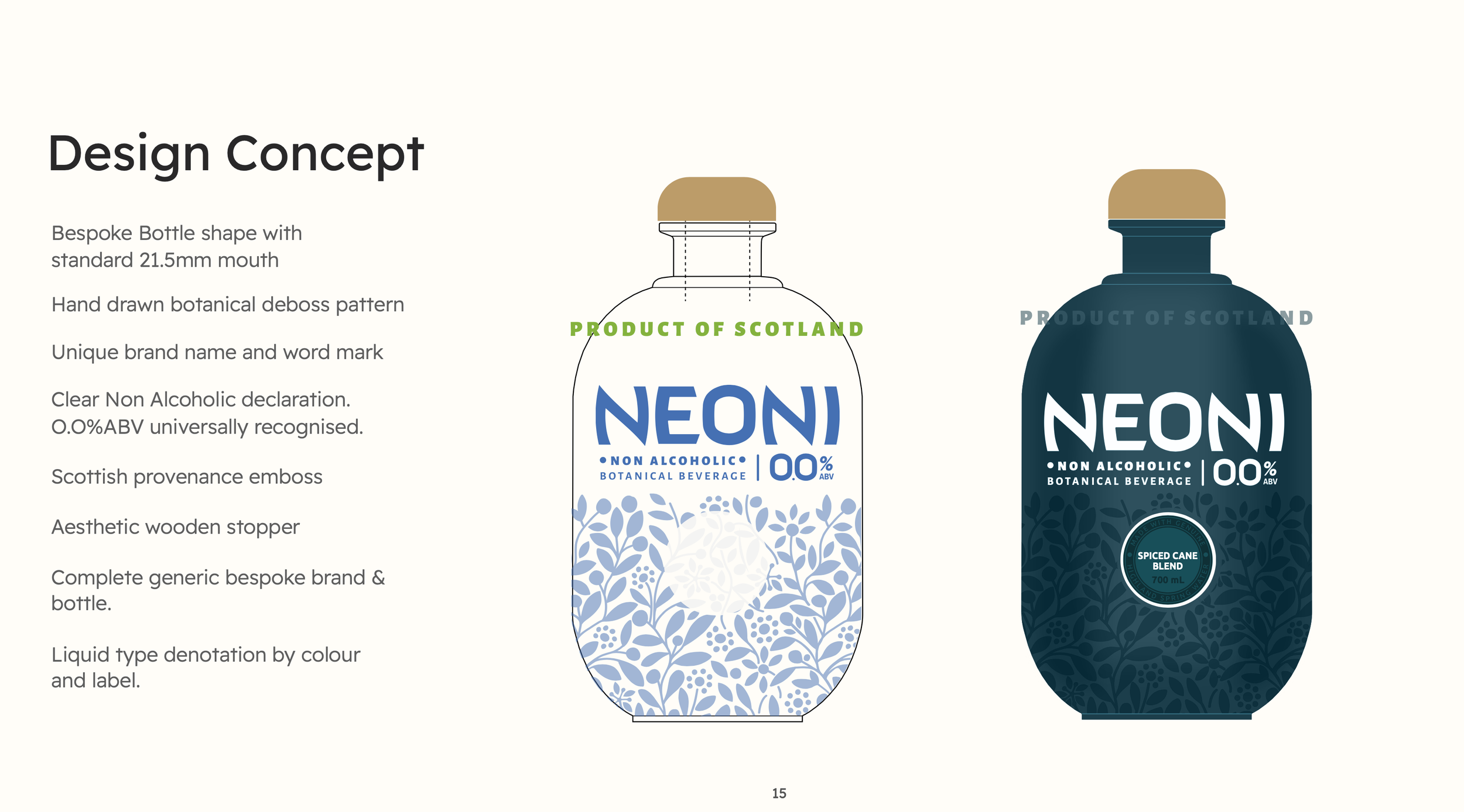 Design concept for a botanical beverage bottle with a bespoke shape, wooden stopper, and botanical deboss pattern, featuring labels with product information.