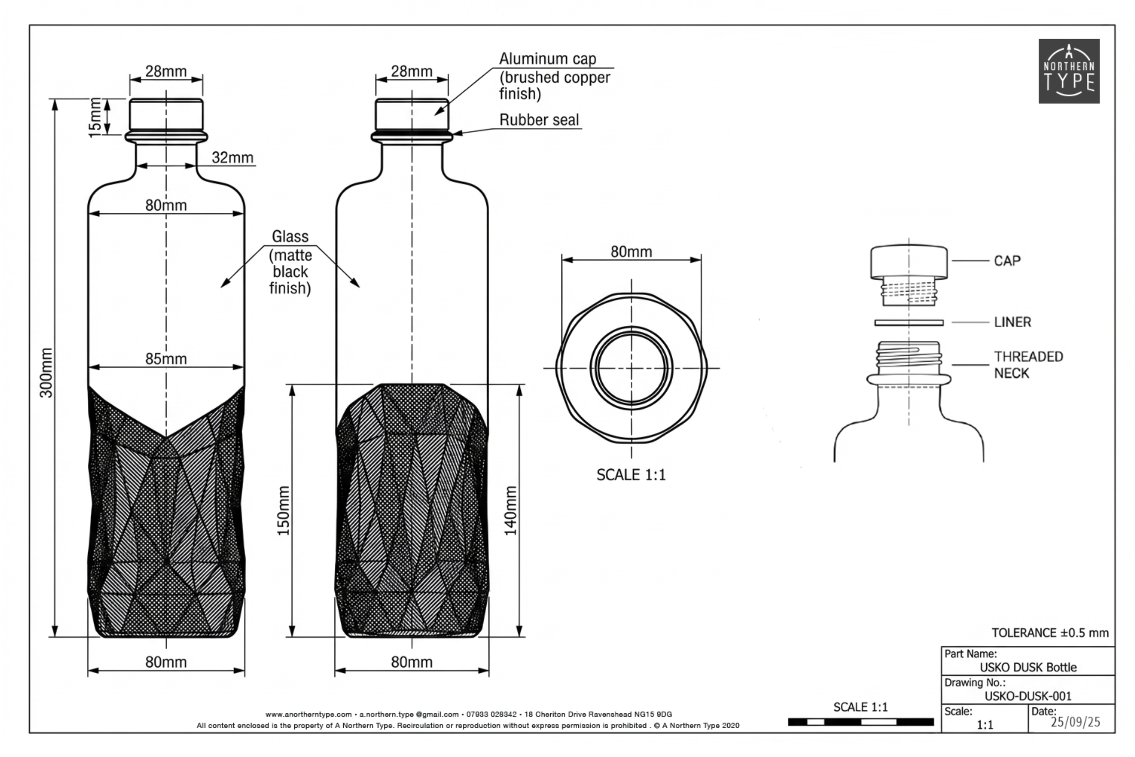 Technical drawing of a glass bottle with dimensions and construction details, including the cap, liner, threaded neck, and geometric pattern on the body.
