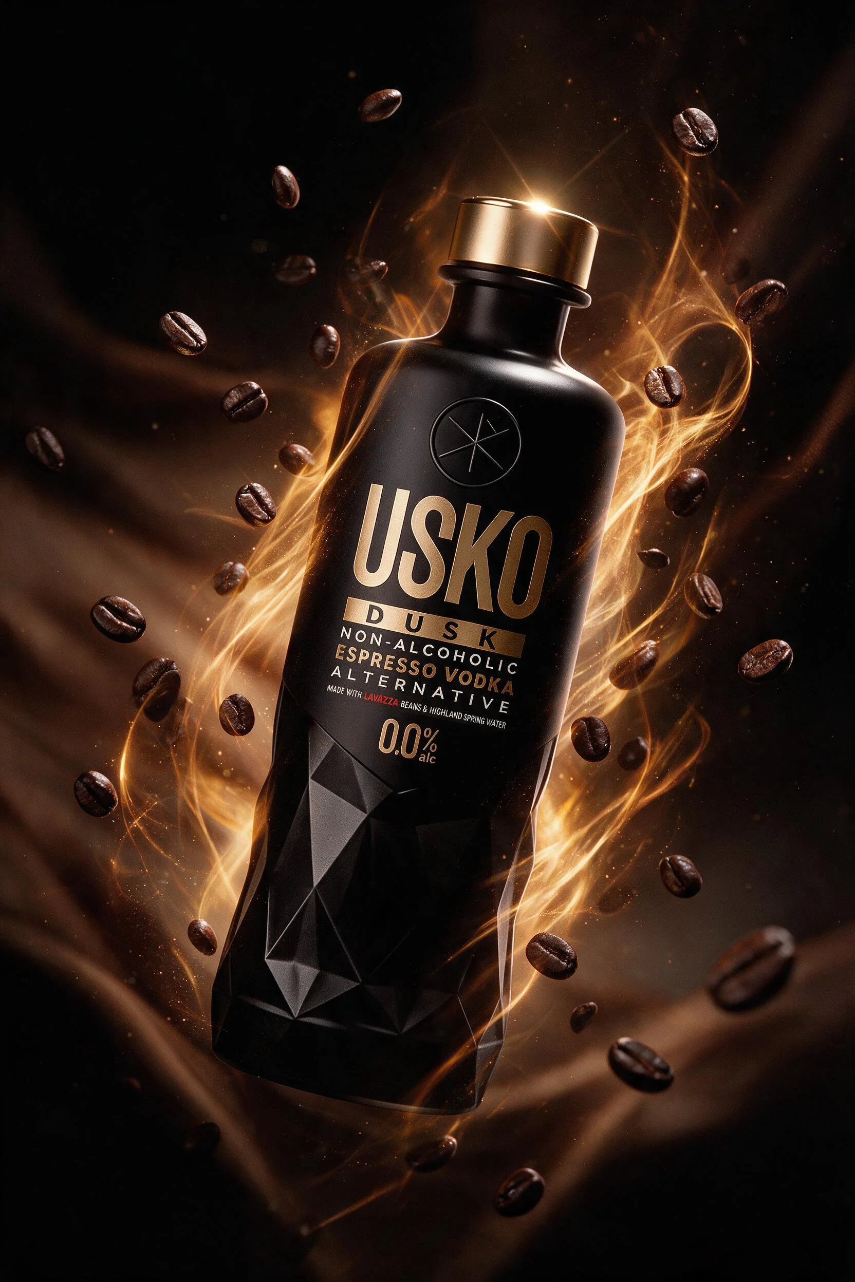 A black bottle of USKO Duska non-alcoholic espresso vodka with a gold cap surrounded by floating coffee beans and fiery light effects.