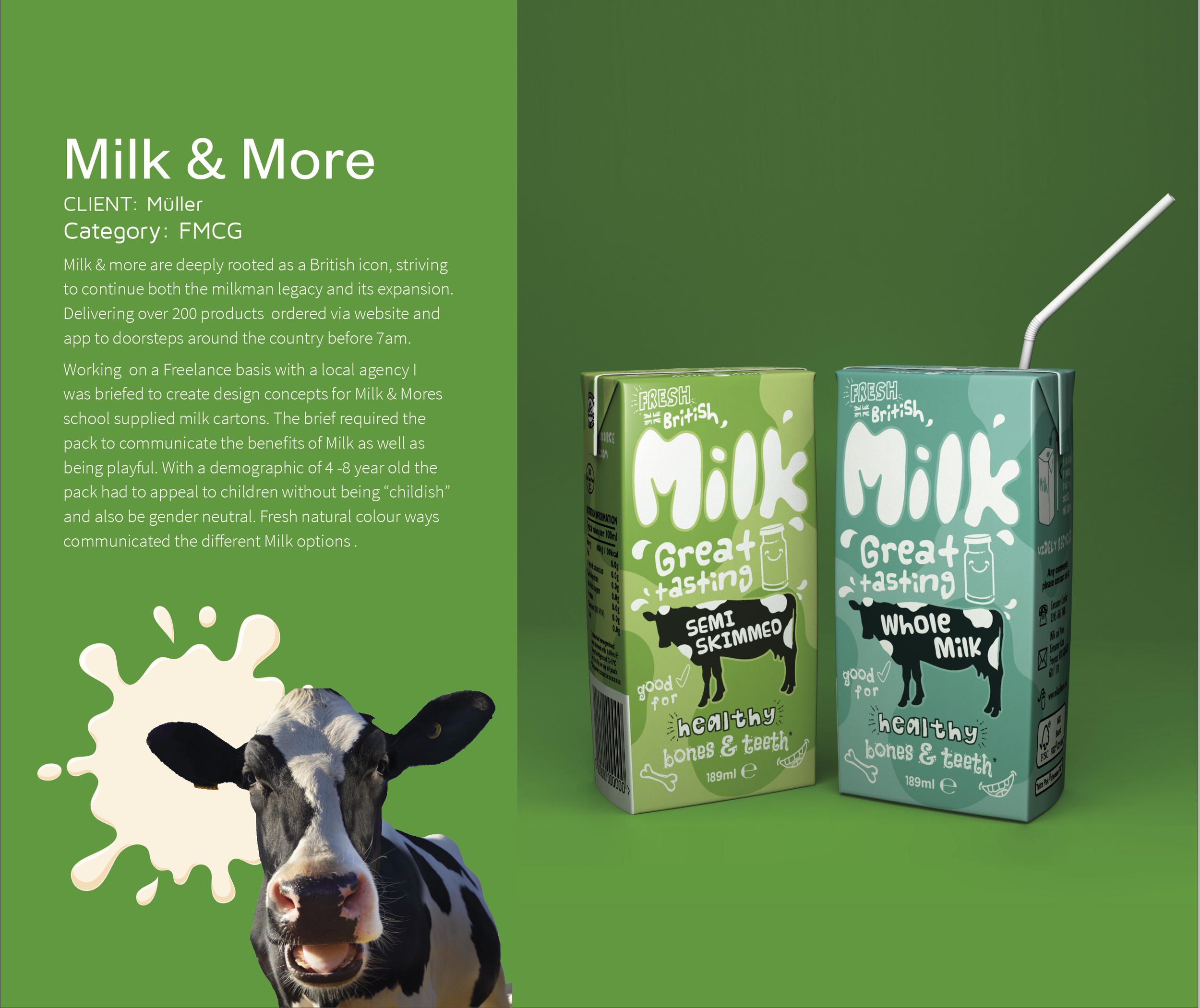 Display of Milk & More cartons, one labeled semi-skimmed and the other whole milk, on a green background next to a cow's head.