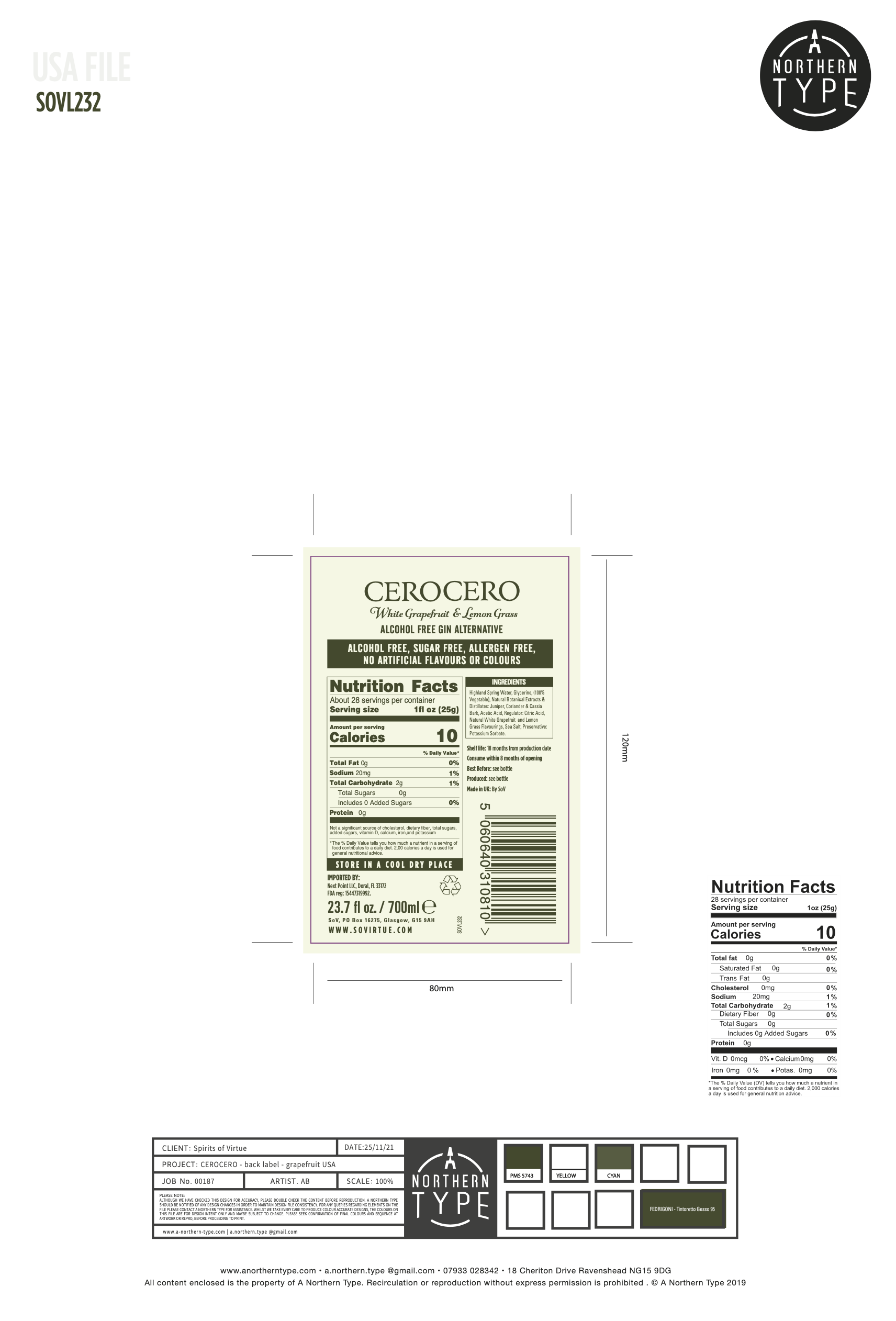 A blank white label with black and green text displaying nutritional facts, ingredients, barcode, and branding for Cerocero, an alcohol-free gin alternative with grapefruit and lemon grass, produced by Northern Type.