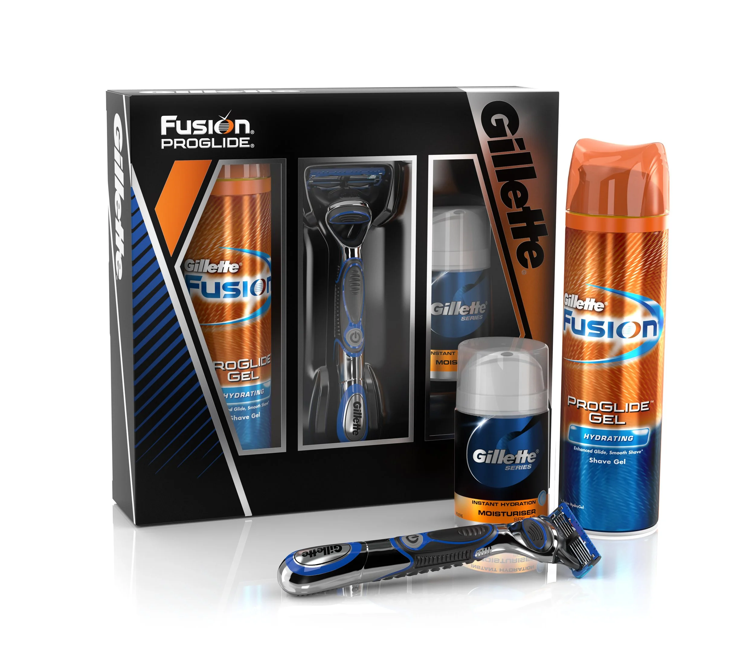 A bundle of Gillette Fusion ProGlide razor blades and shaving gel with packaging.