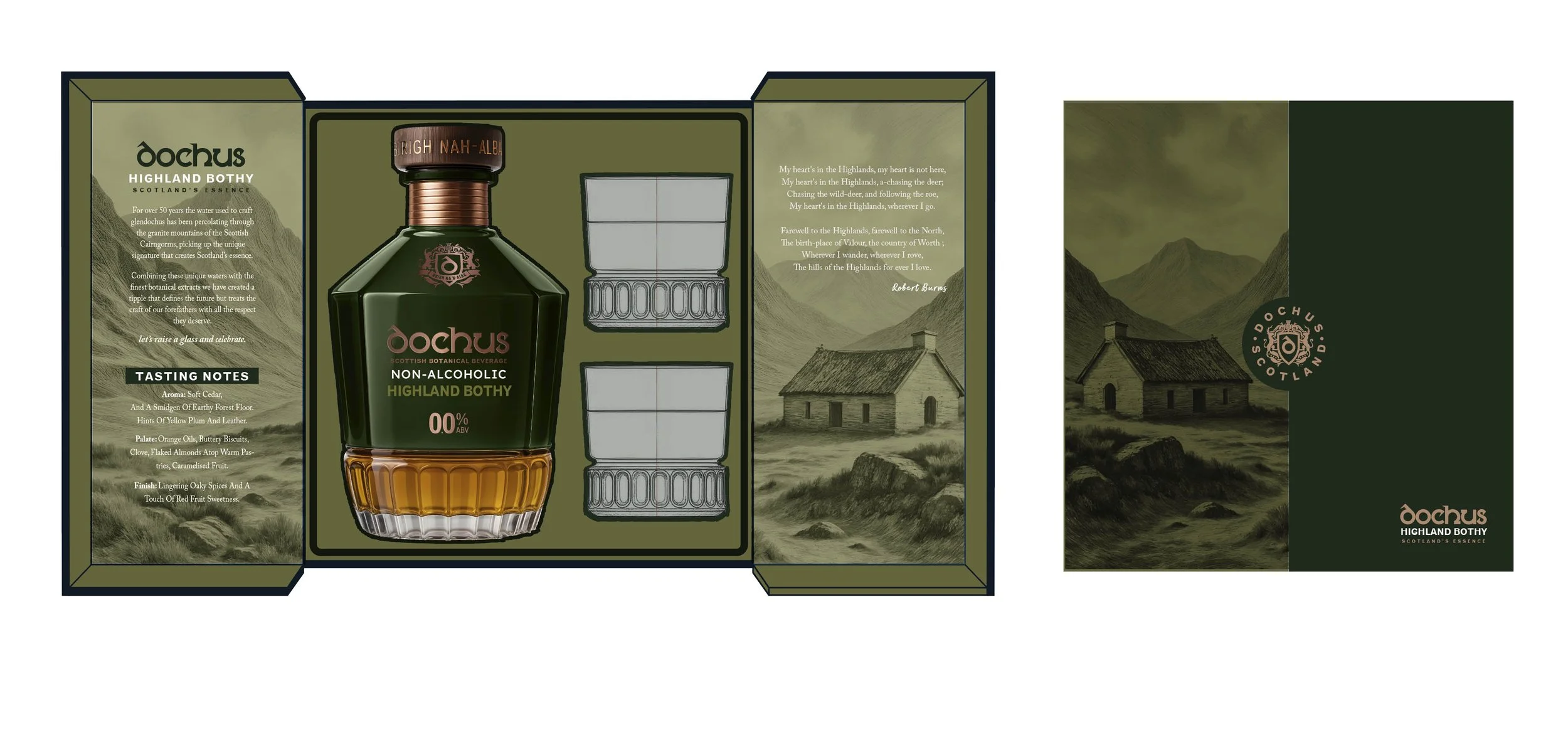 Packaging of Dochus Highland Bothy non-alcoholic beverage featuring a green and amber bottle, scenic Highland landscape with mountains and a cottage, and descriptive text about Scottish heritage and flavors.