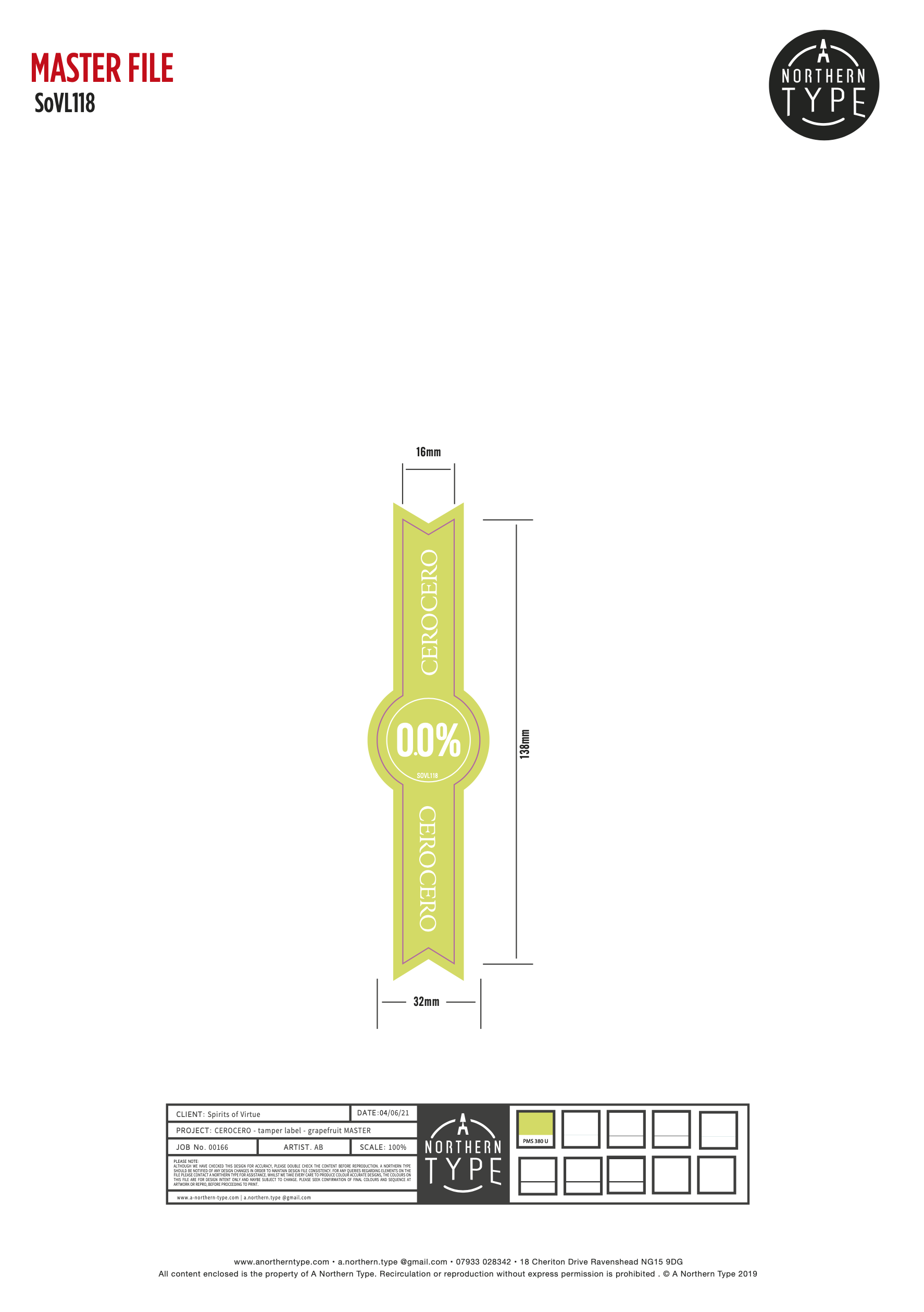 A detailed tamper-proof label design for a beverage bottle featuring the brand name 'CEROCERO' with 0.0% alcohol content, measurements, and branding elements for Northern Type and A Northern Type. The label includes logos, text, and placeholder squar