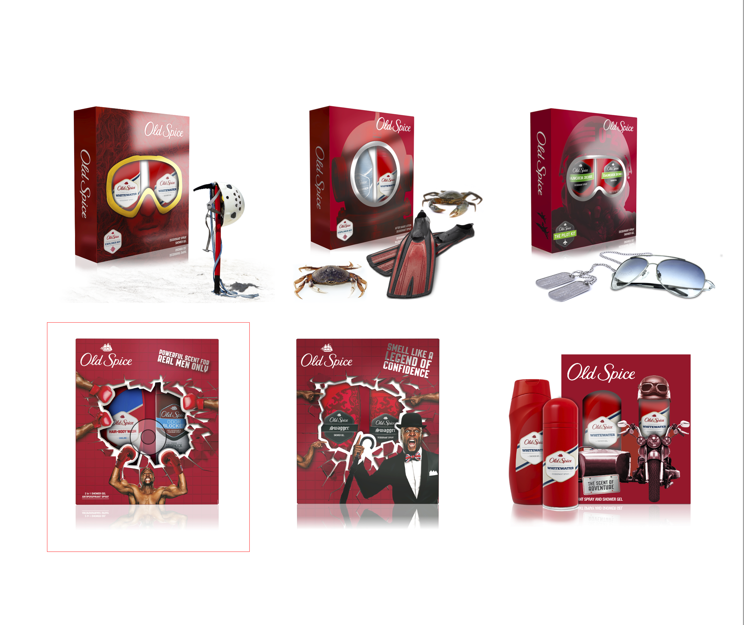 Collection of Old Spice products and packaging, including deodorant sprays, shower gels, and gift sets with red and black branding, alongside related promotional posters and accessories.