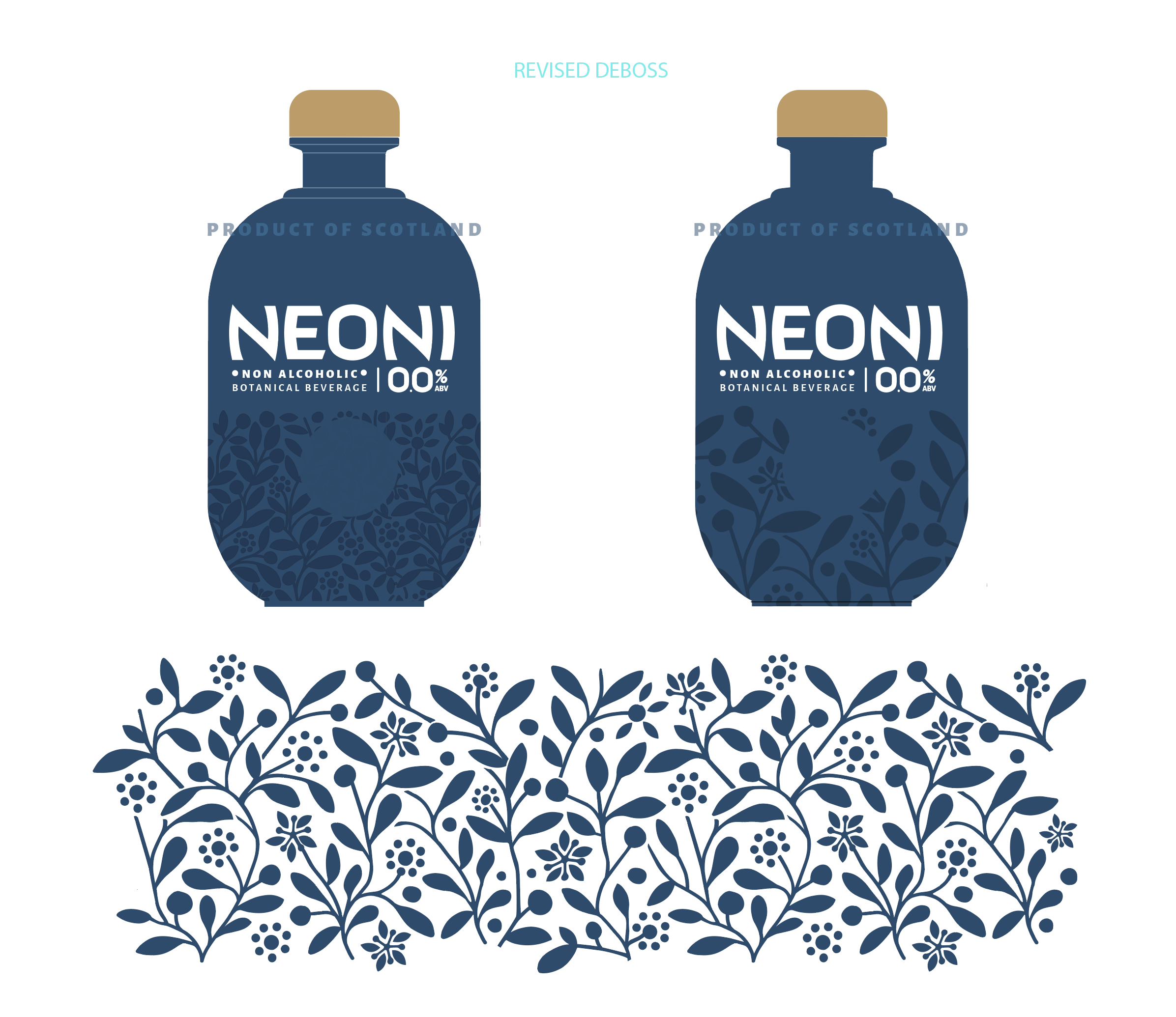Graphic design of two blue bottles of non-alcoholic botanical beverage labeled 'Neon,' with decorative floral patterns at the bottom, and the words 'Revised Deboss' at the top.