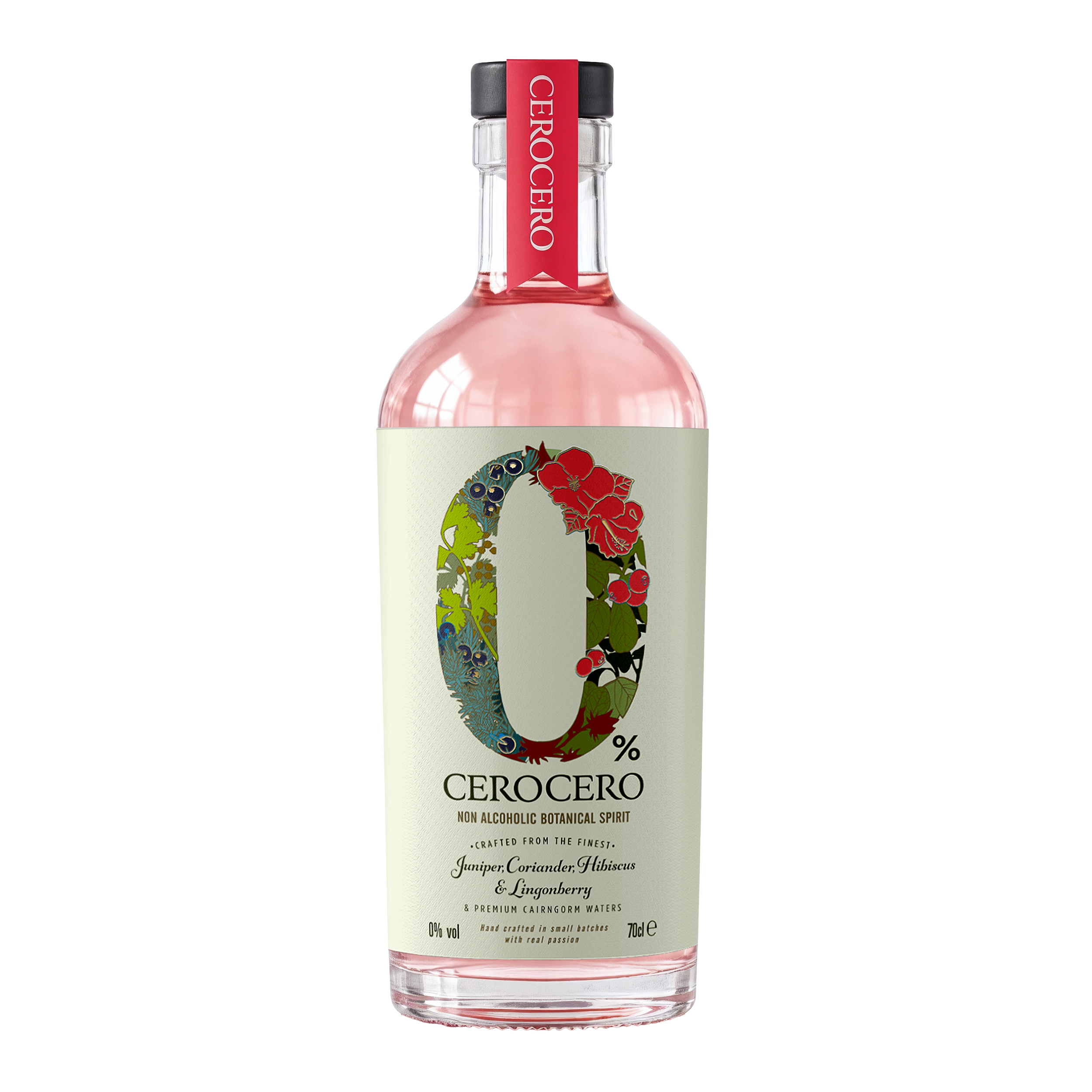 A clear glass bottle of Cerocero non-alcoholic botanical spirit with pink liquid inside. The bottle has a black cap and a red vertical label with the word "CEROCERO" in white. The main label features colorful botanical illustrations and text describi